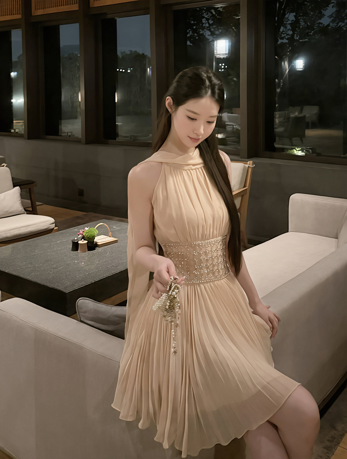 【dress】 ラインストーン付きスカーフネックワンピース Q8885