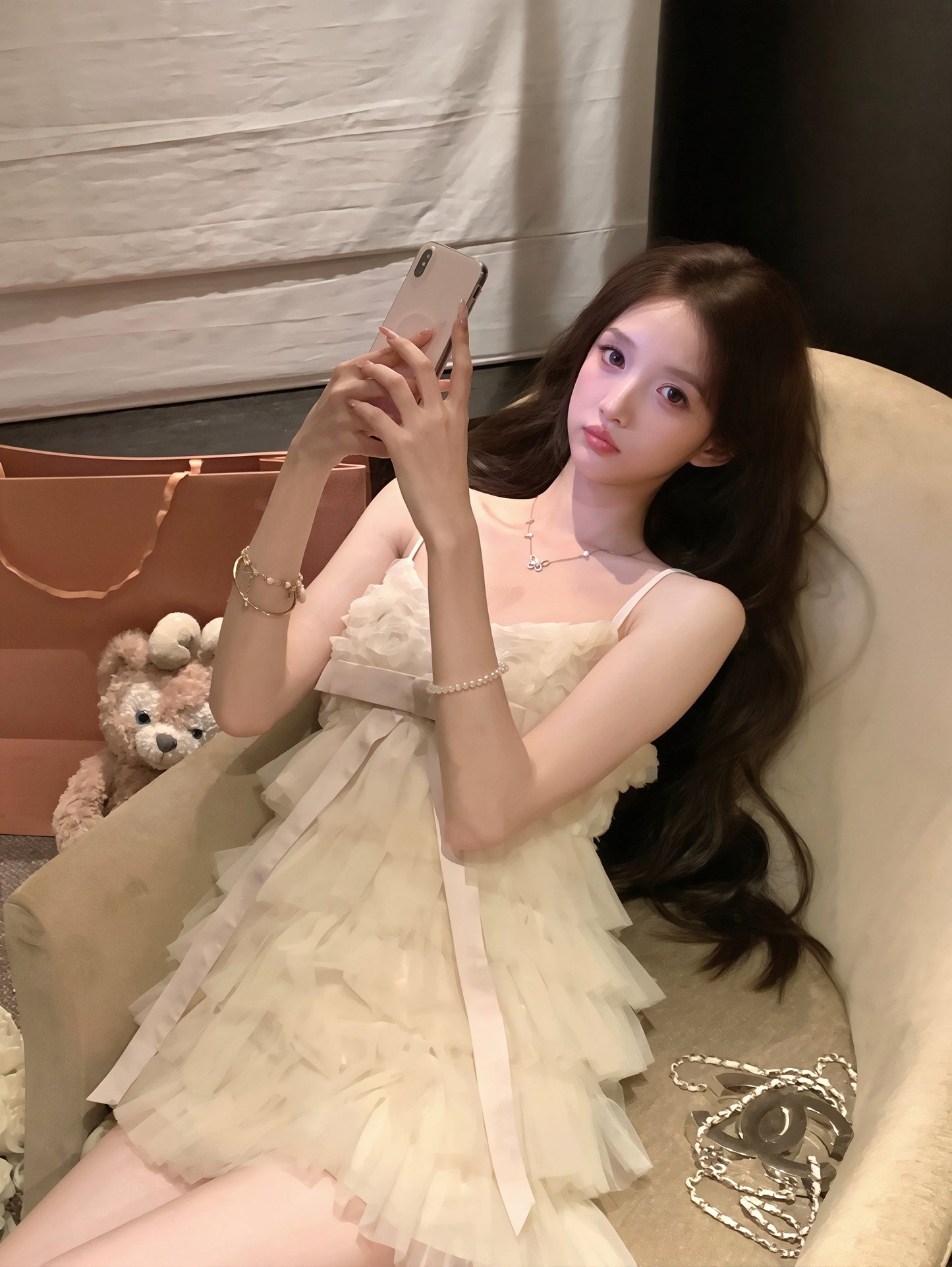 【dress】リボン付きティアードキャミワンピース Q8879