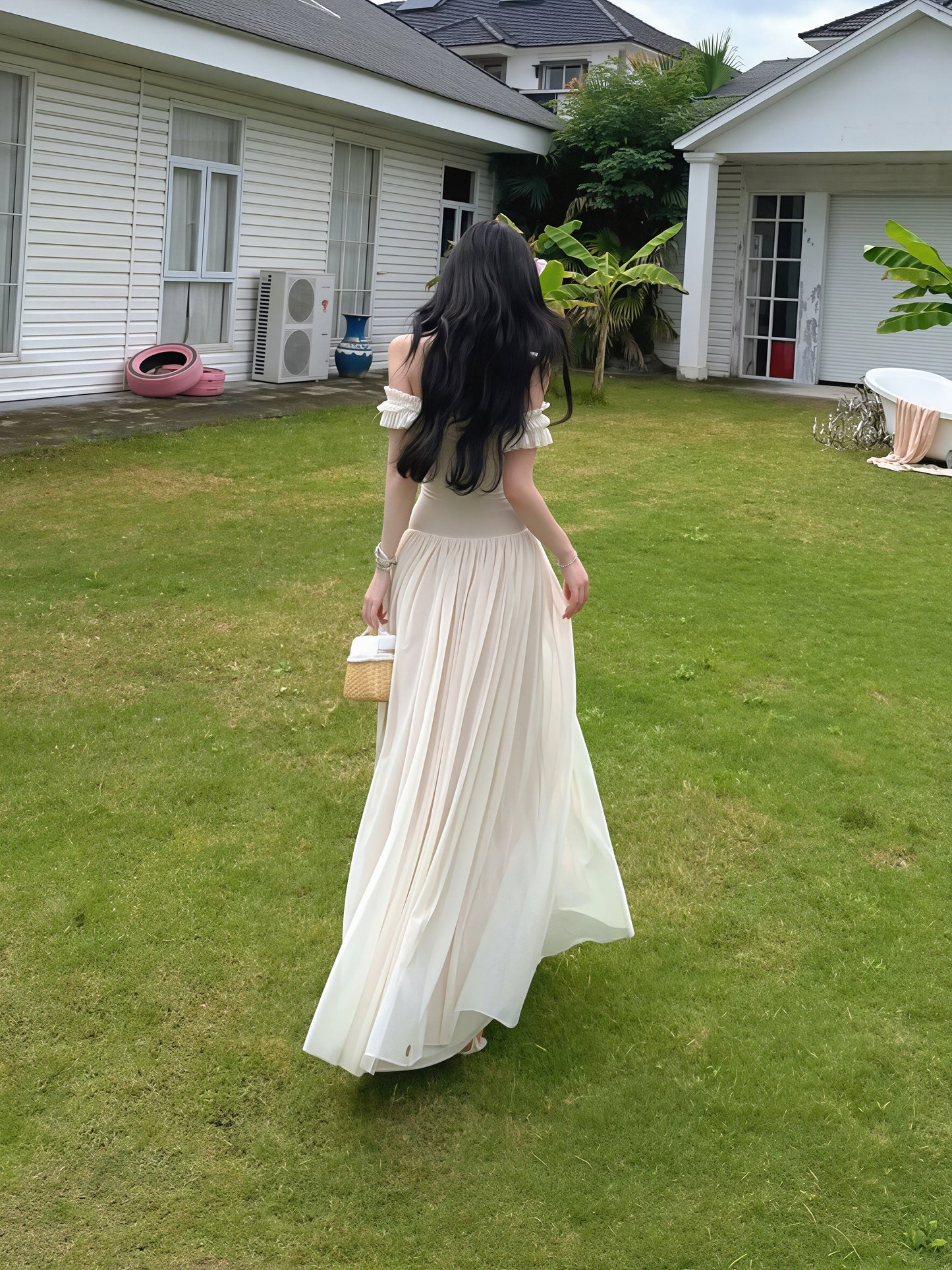 【dress】オフショルダーシアーチュールロングワンピース Q8850