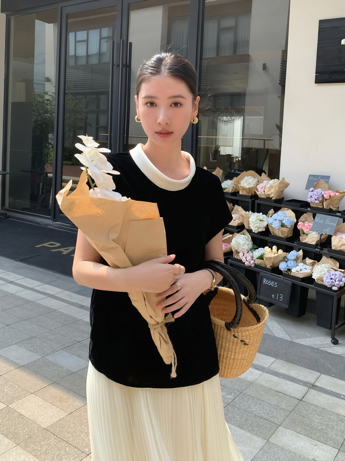 【tops】ベルベット半袖配色トップス Q8752