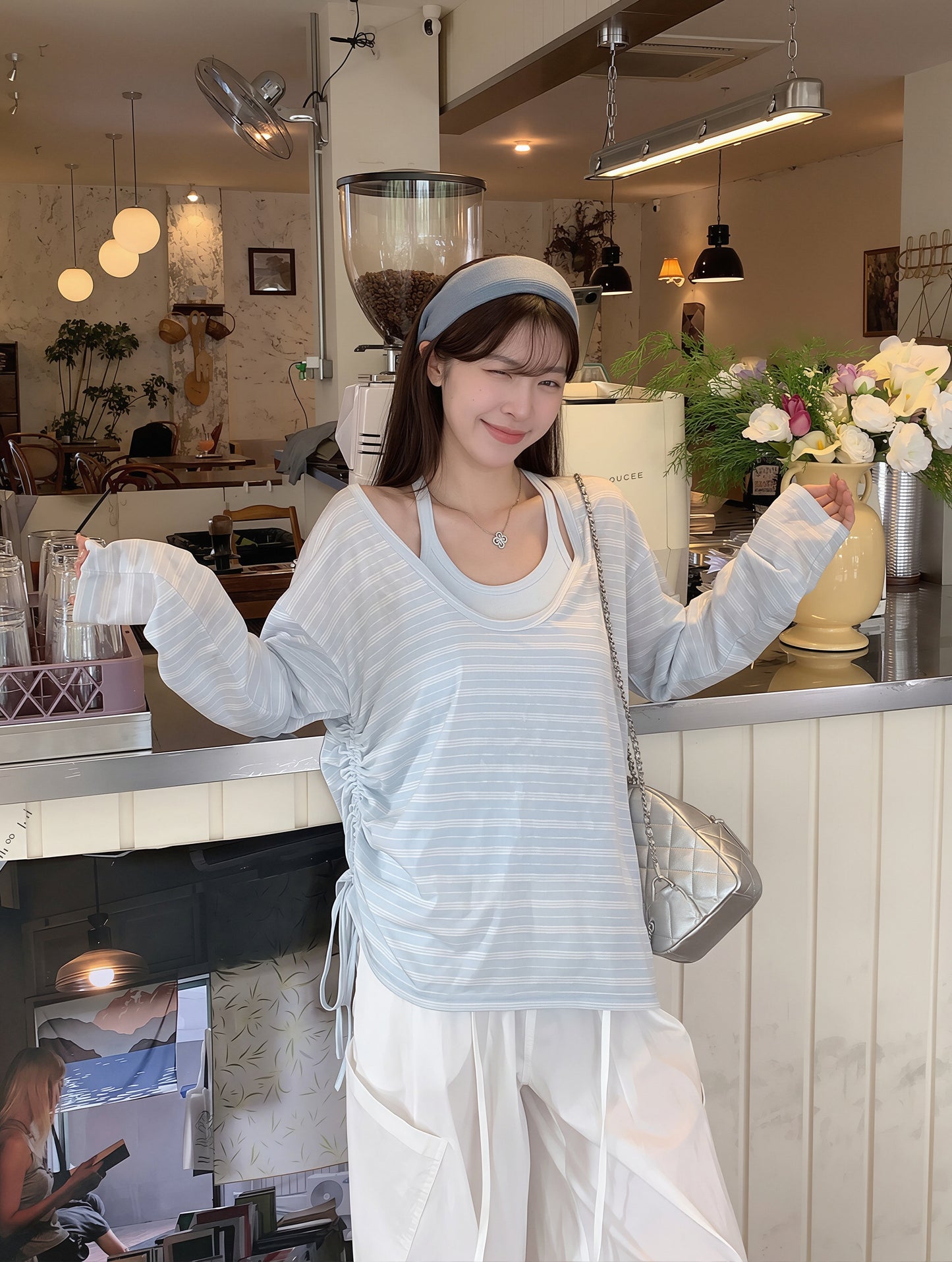 【set】ボーダー柄トップス×キャミソールセット Q8862