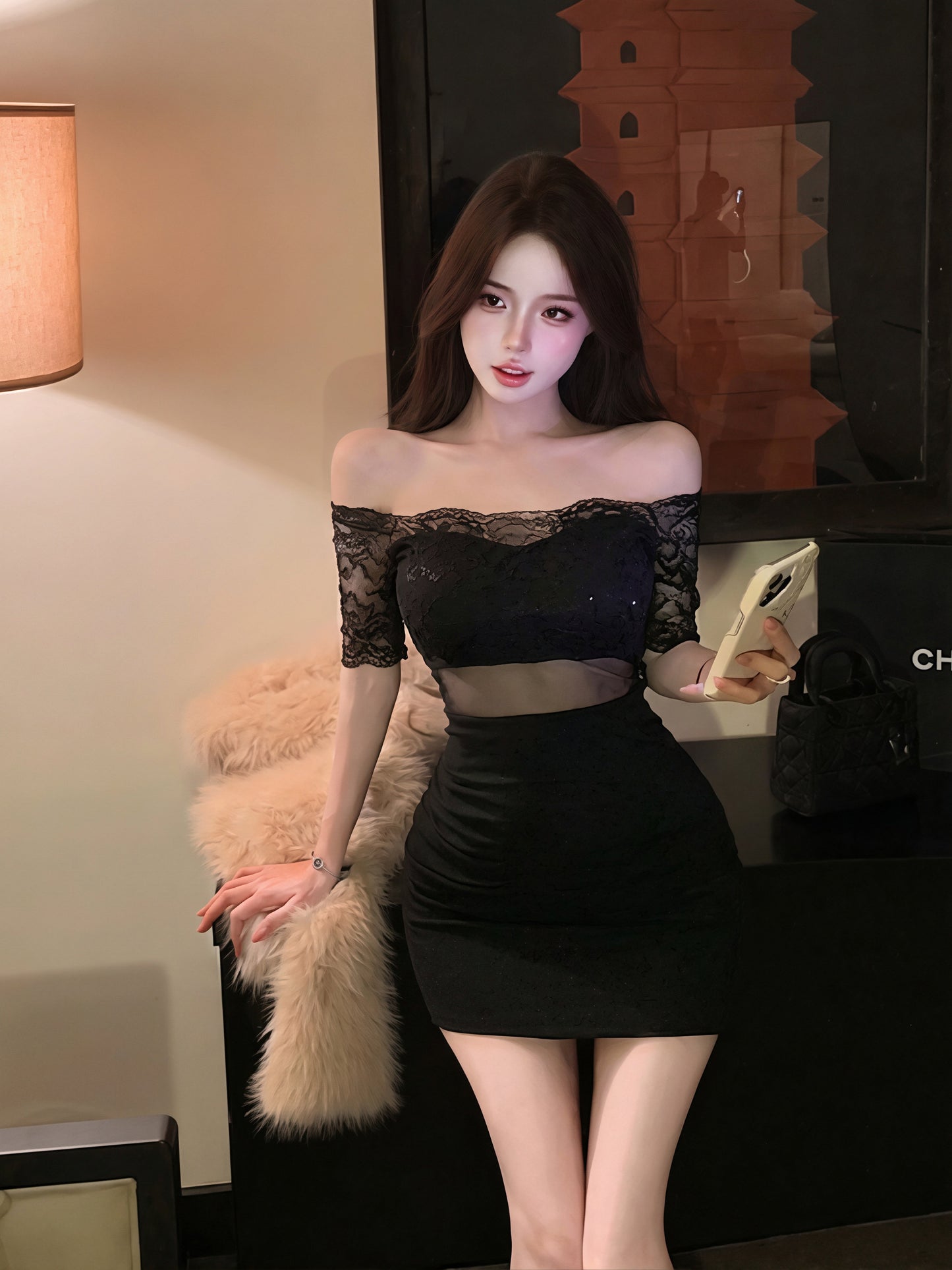 【dress】オフショルダーレースドッキングミニワンピース Q8861