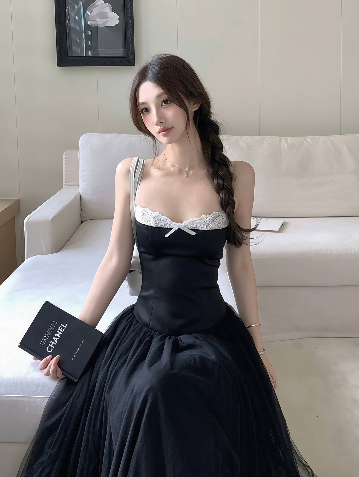 【dress】チュールドッキングAラインロングキャミワンピース Q8867