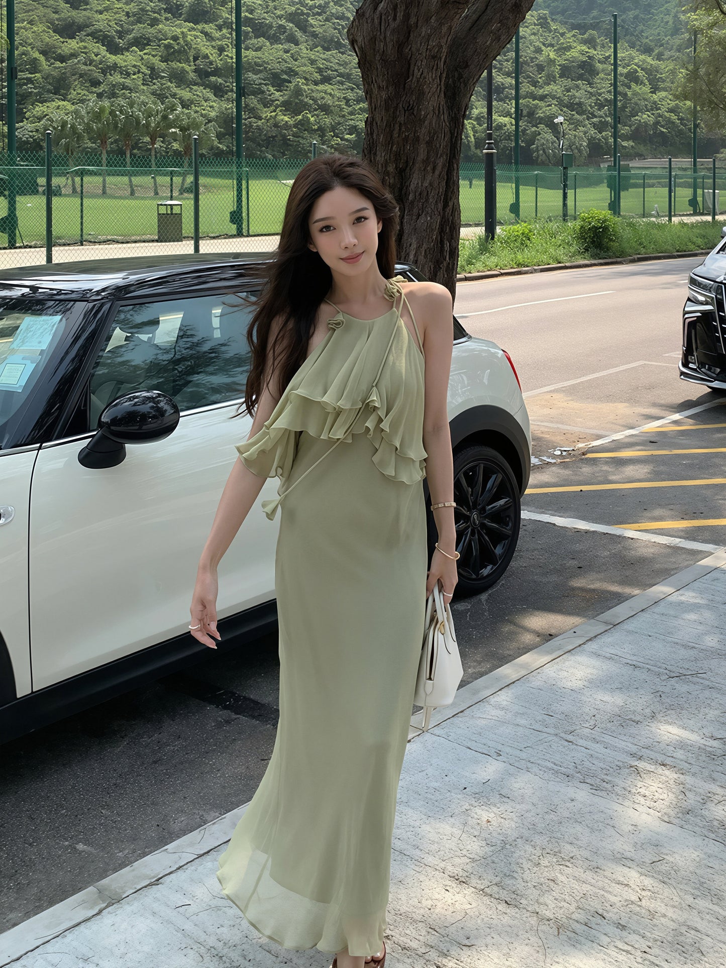 【dress】ホルターネックフリルロングワンピース Q8870