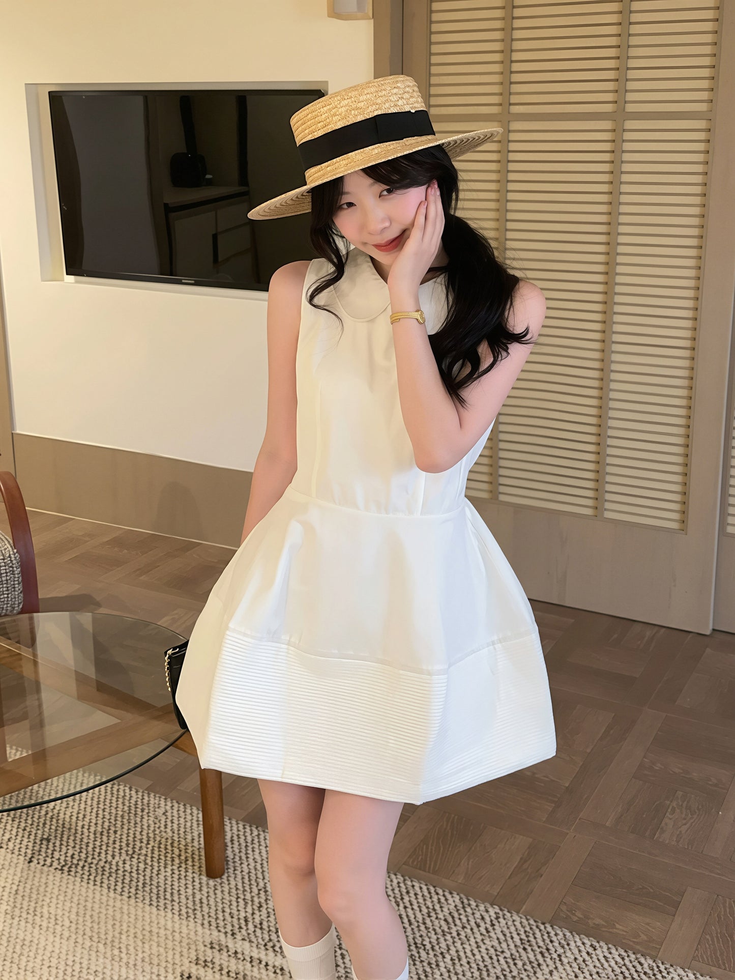 【dress】ピーターパンカラーノースリーブAラインワンピース Q8828