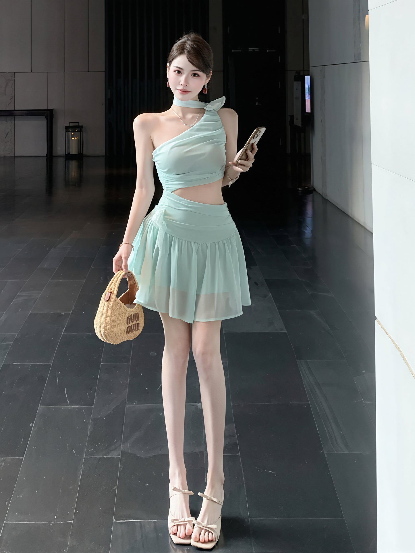 【dress】ワンショルダー腰カットシフォンワンピース Q8718