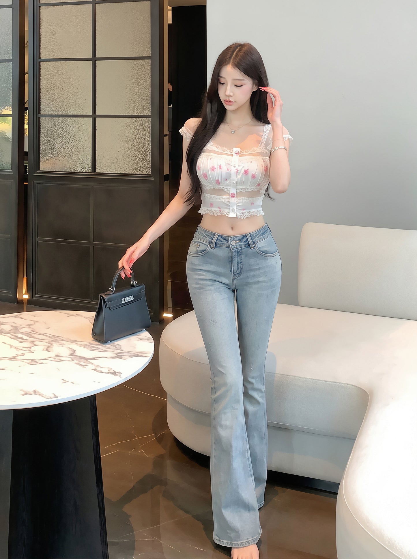 【tops】フラワー柄レースドッキングトップス Q8727