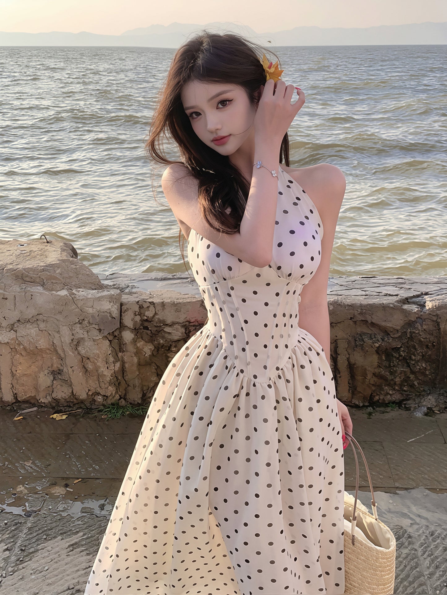 【dress】ドット柄ホルターネックAラインワンピース Q8842