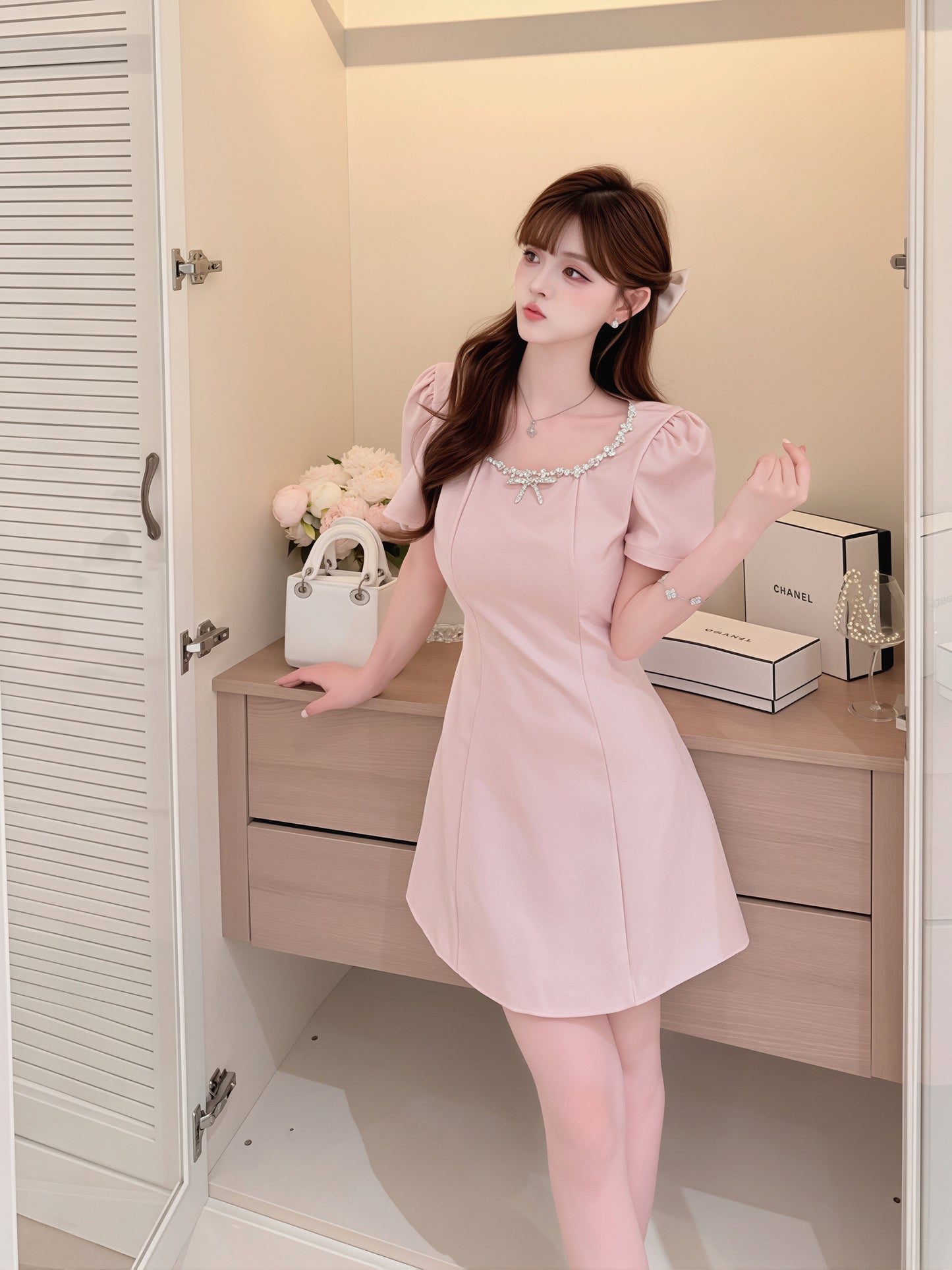 【dress】ラインストーンAラインワンピース Q8760