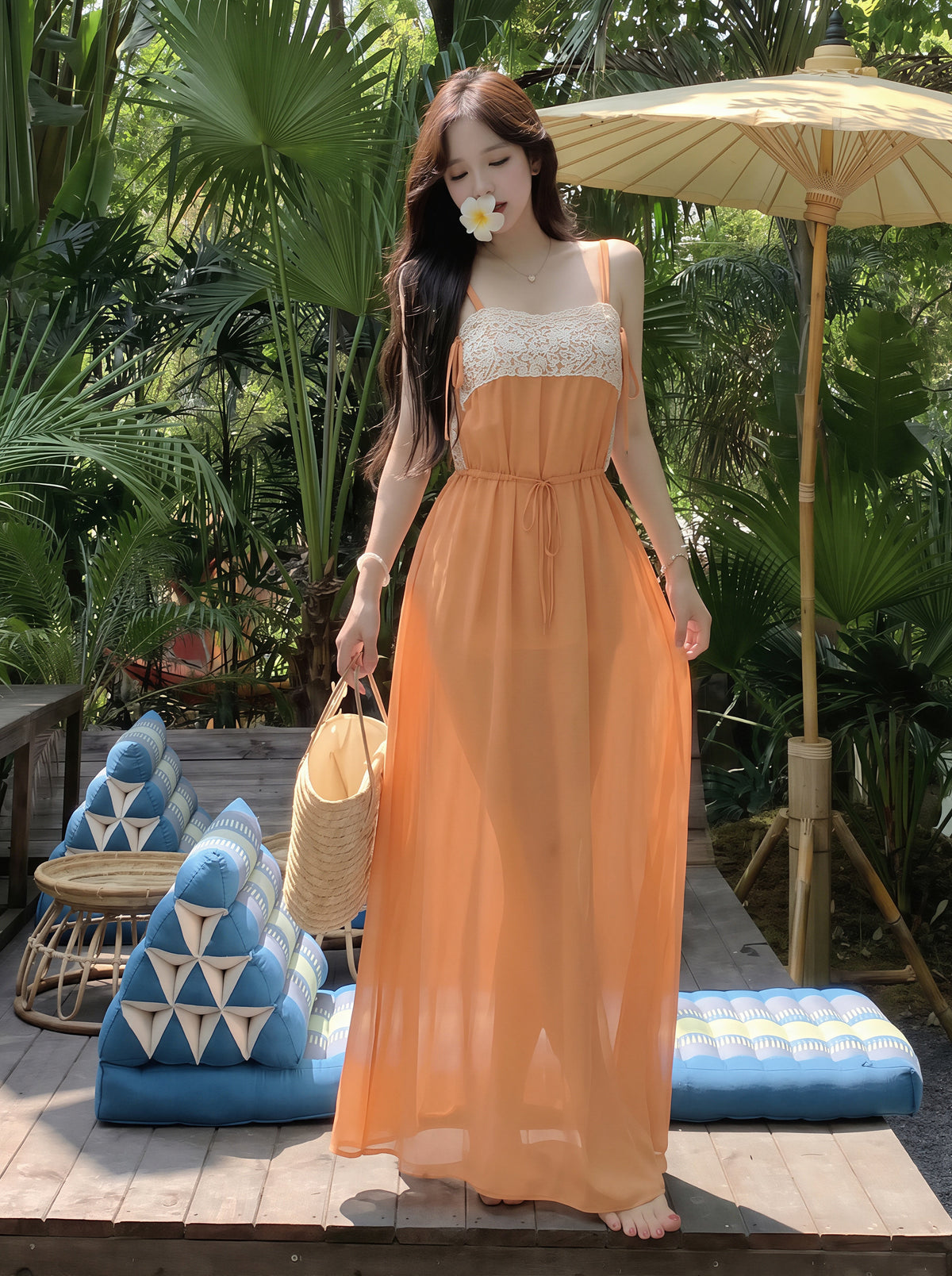 【dress】レースドッキングシフォンロングキャミワンピース Q8781