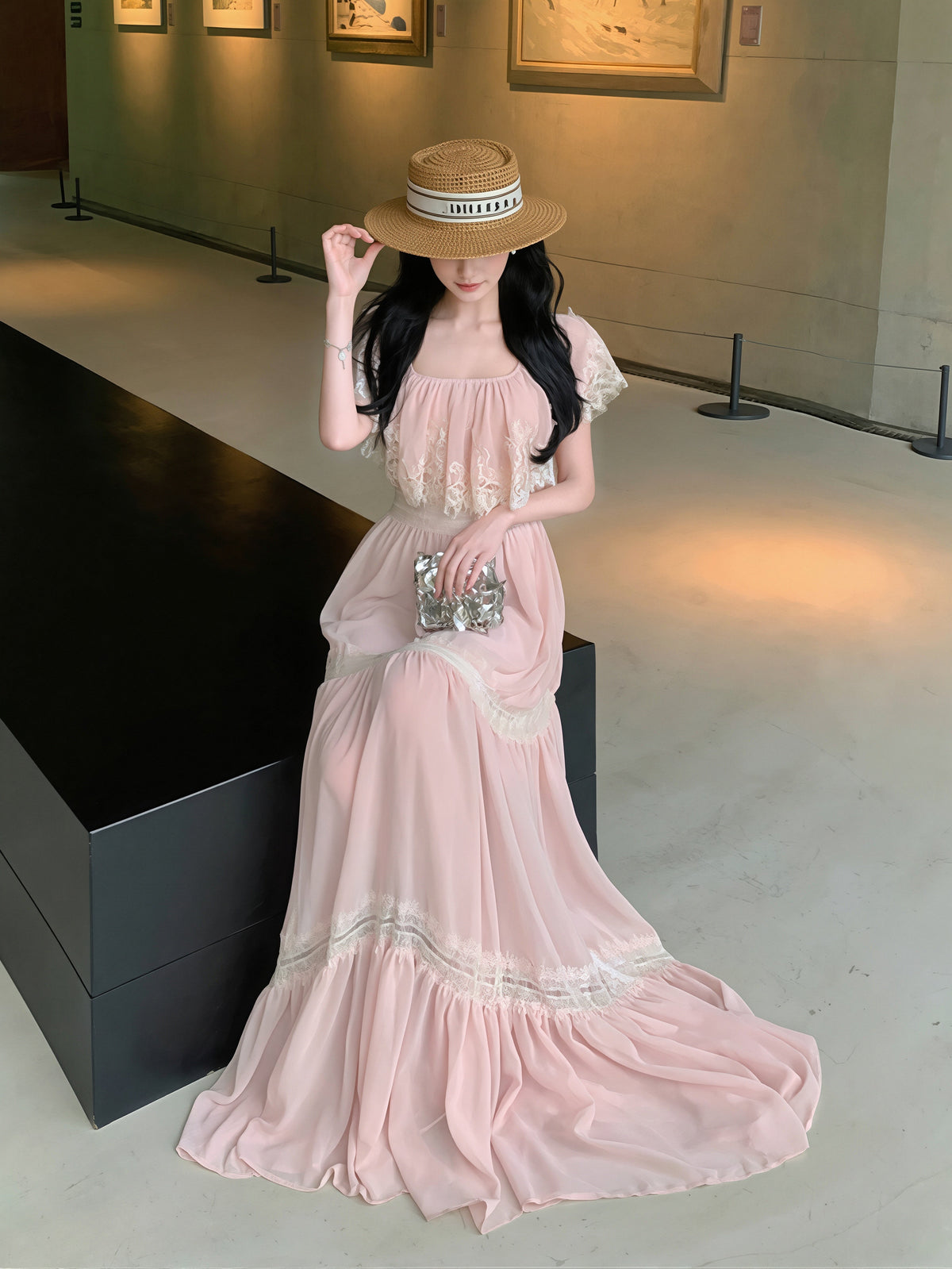 【dress】レースドッキングロングワンピース Q8717