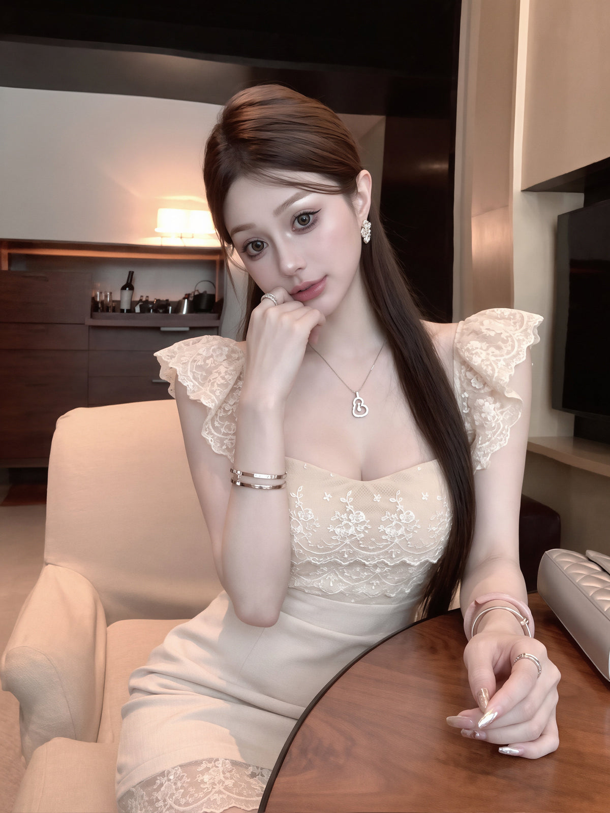 【dress】フラッタースリーブレースワンピース Q8778