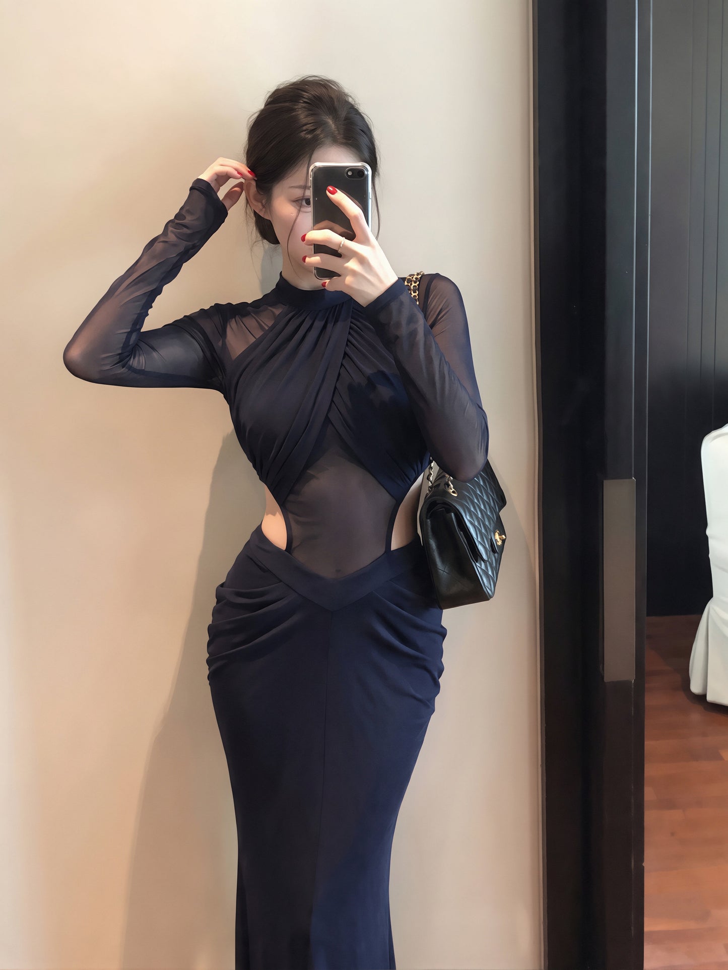 【dress】チュールドッキングウエストカットロングワンピース Q8831