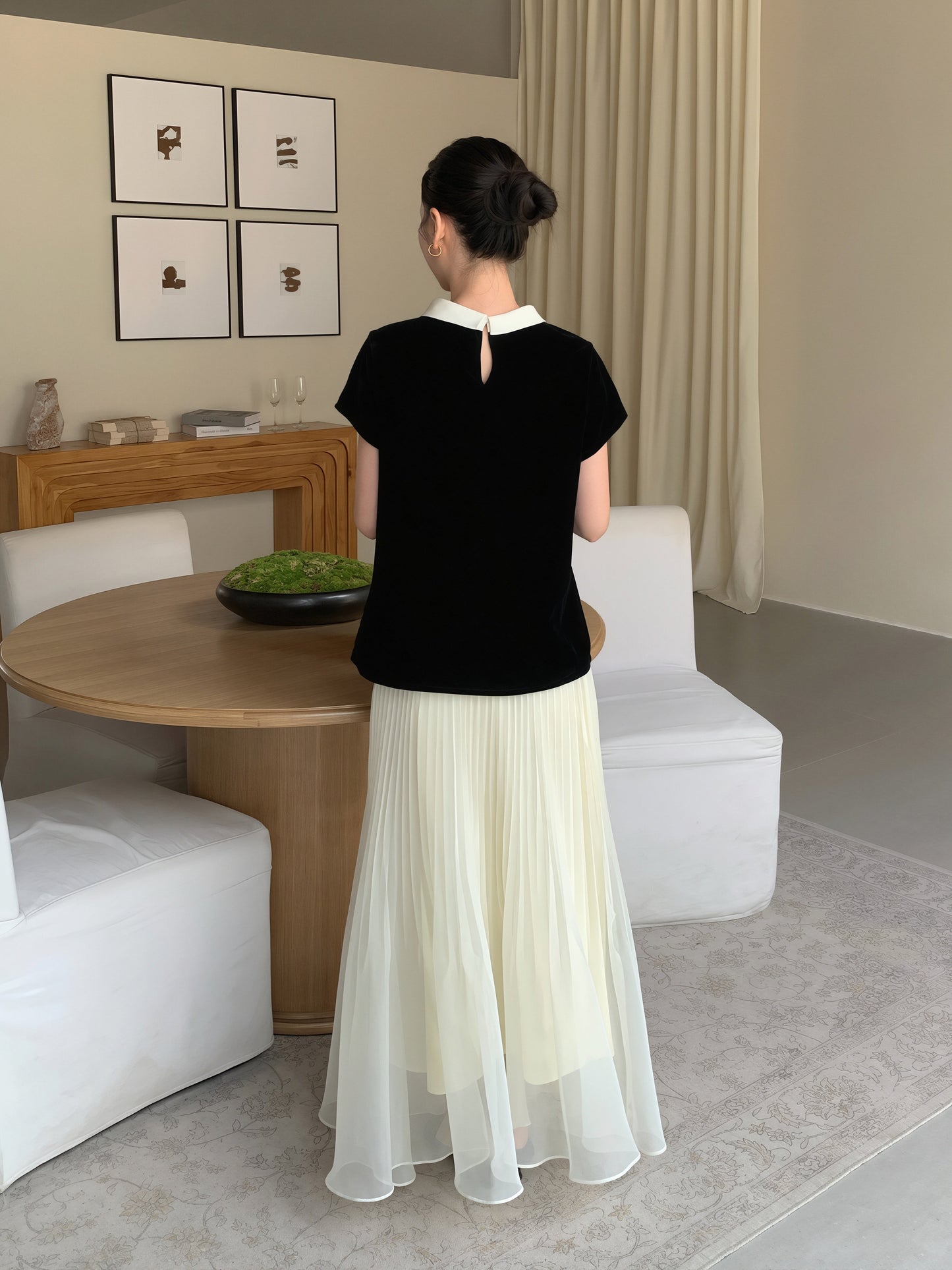 【tops】ベルベット半袖配色トップス Q8752