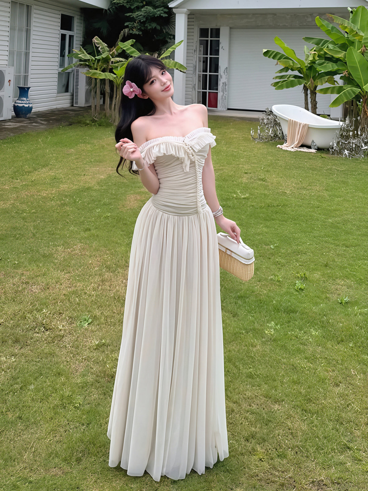 【dress】オフショルダーシアーチュールロングワンピース Q8850