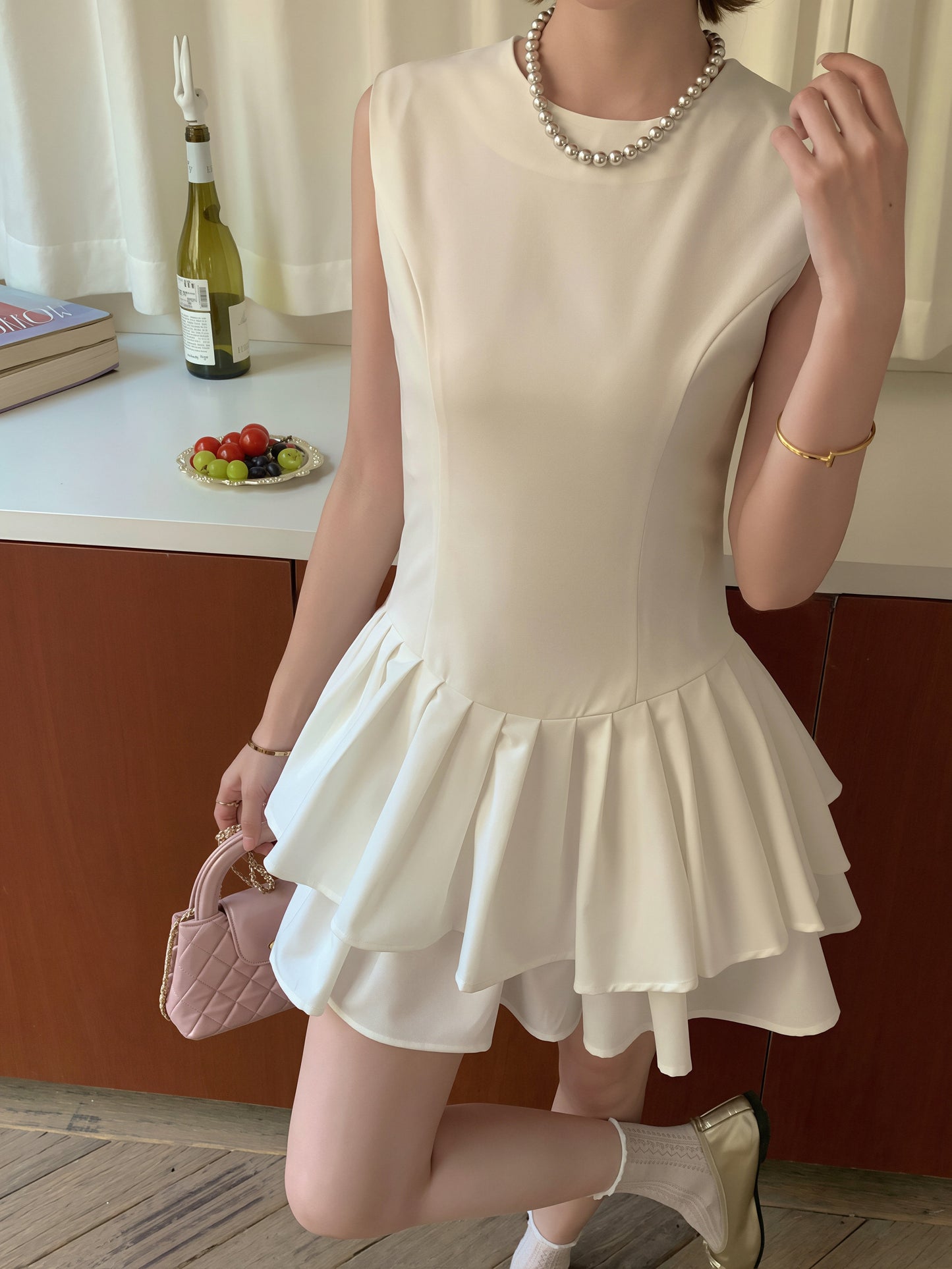 【dress】ノースリーブAラインティアードワンピース Q8812