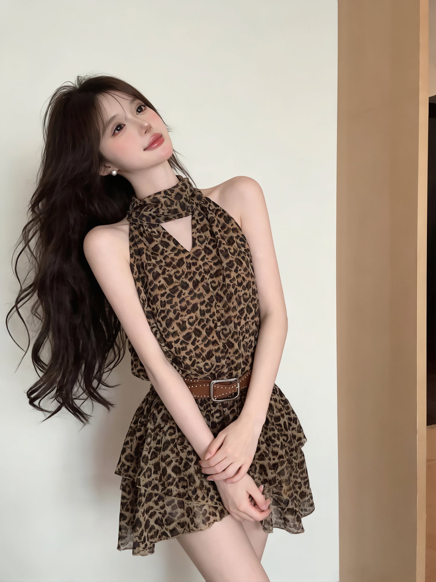 【dress】ノースリーブヒョウ柄ワンピース Q8897