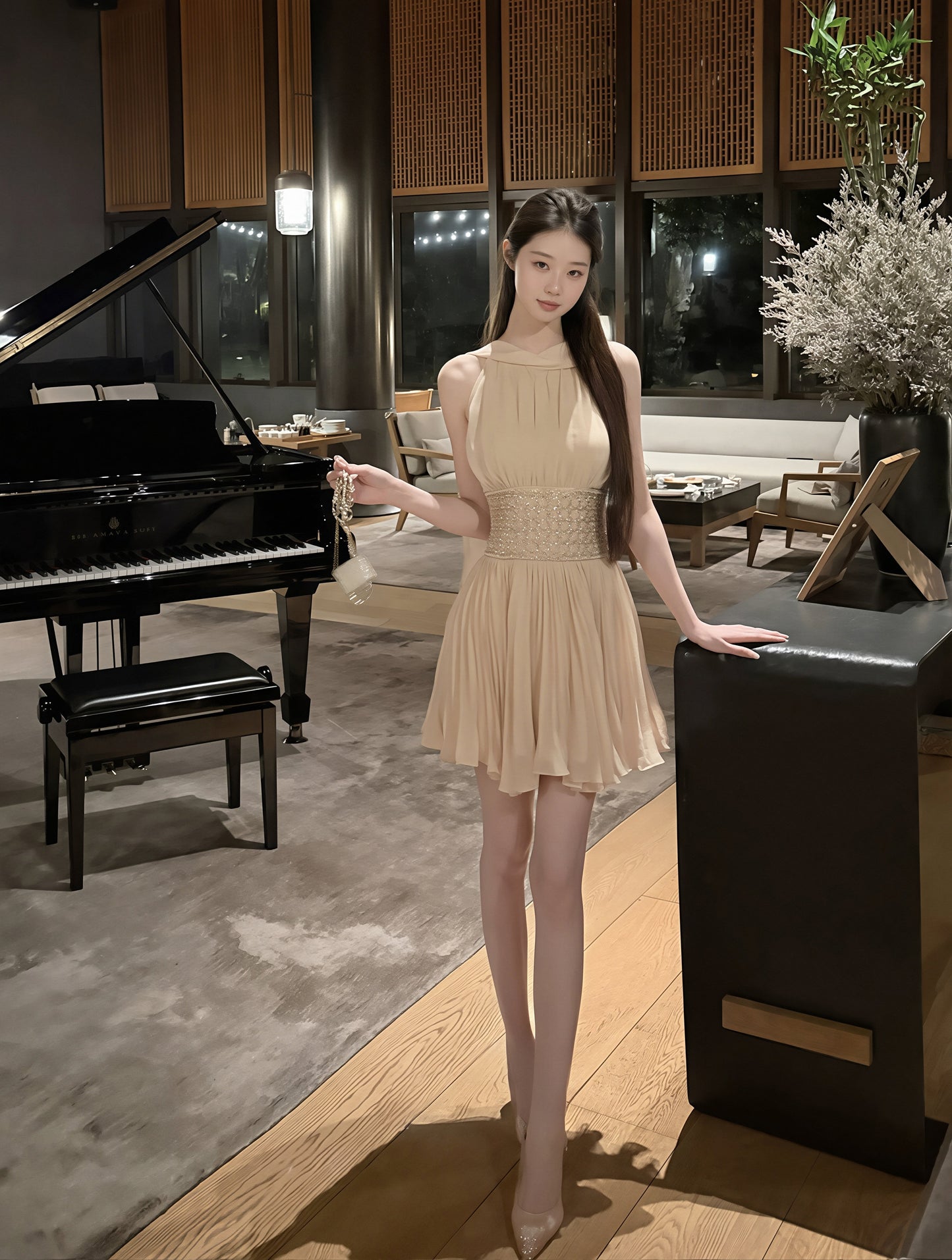 【dress】 ラインストーン付きスカーフネックワンピース Q8885