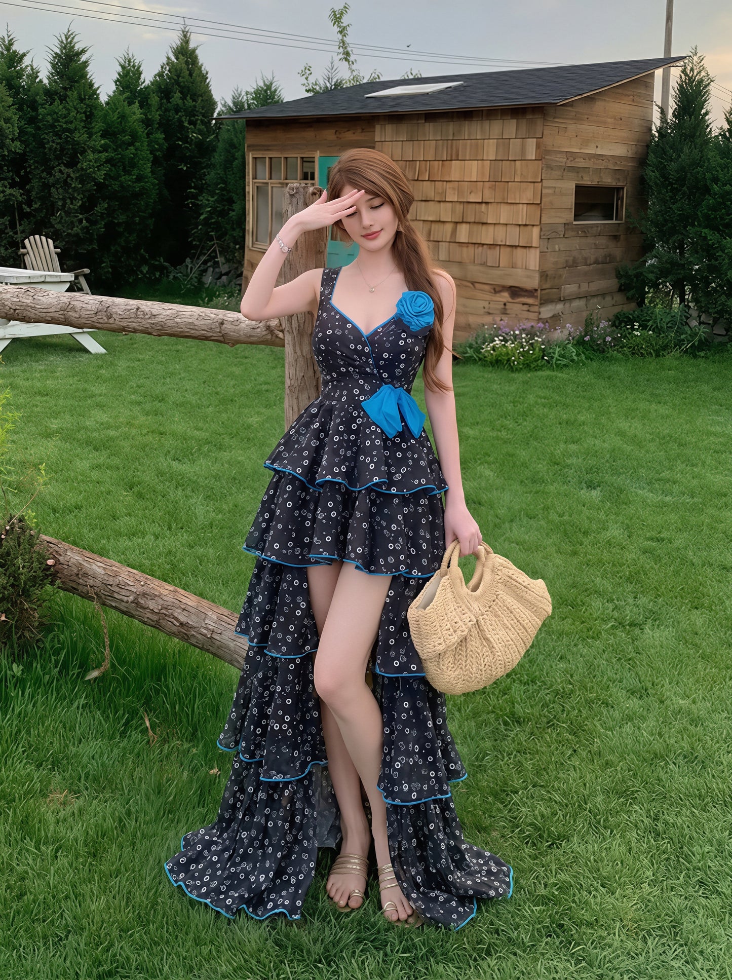 【dress】フラワー柄イレヘムロングキャミワンピース Q8851