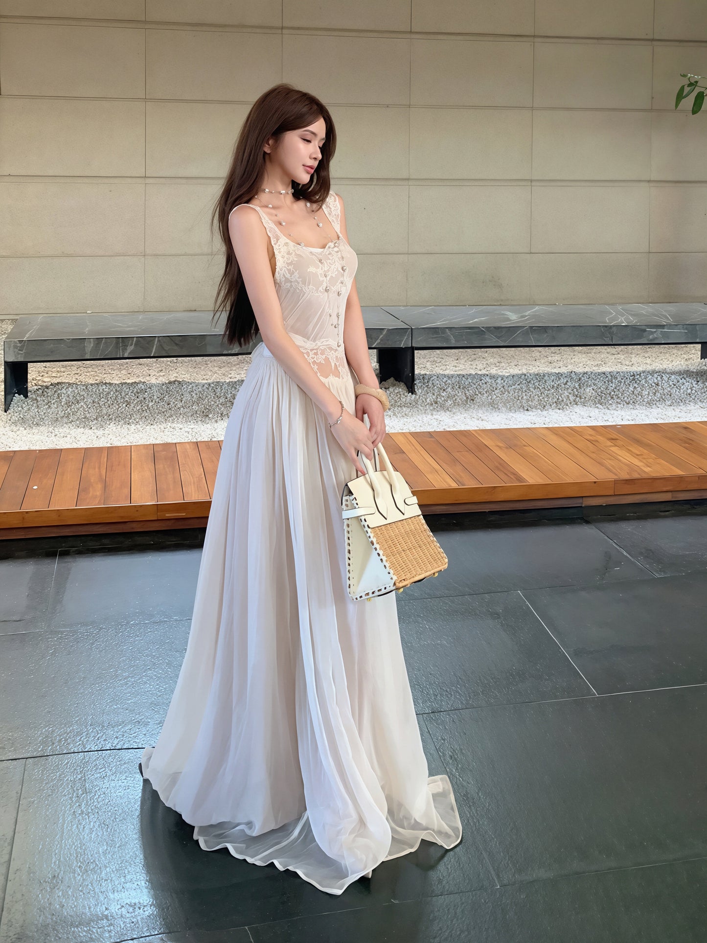 【dress】レースドッキングチュールロングワンピース Q8854