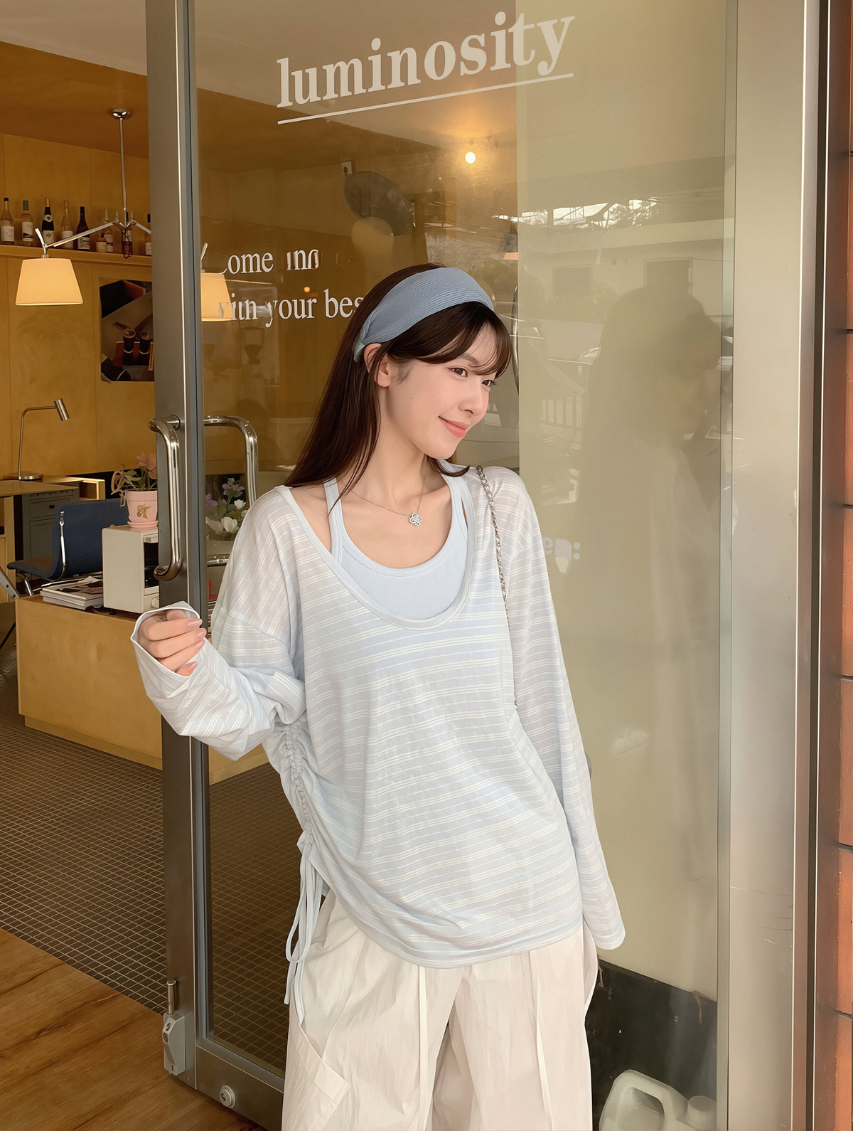 【set】ボーダー柄トップス×キャミソールセット Q8862