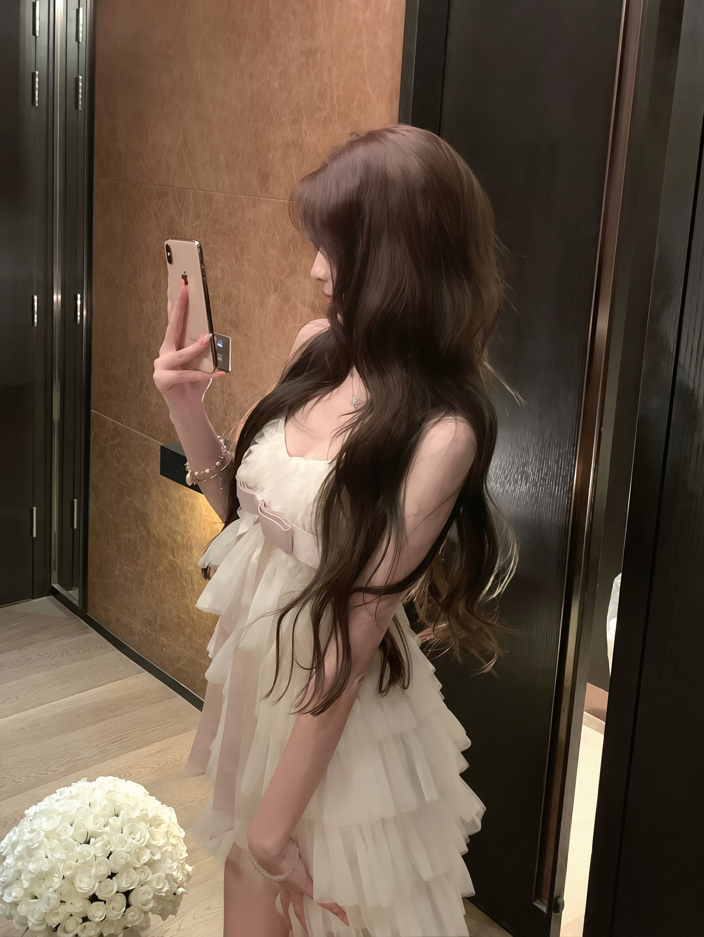 【dress】リボン付きティアードキャミワンピース Q8879