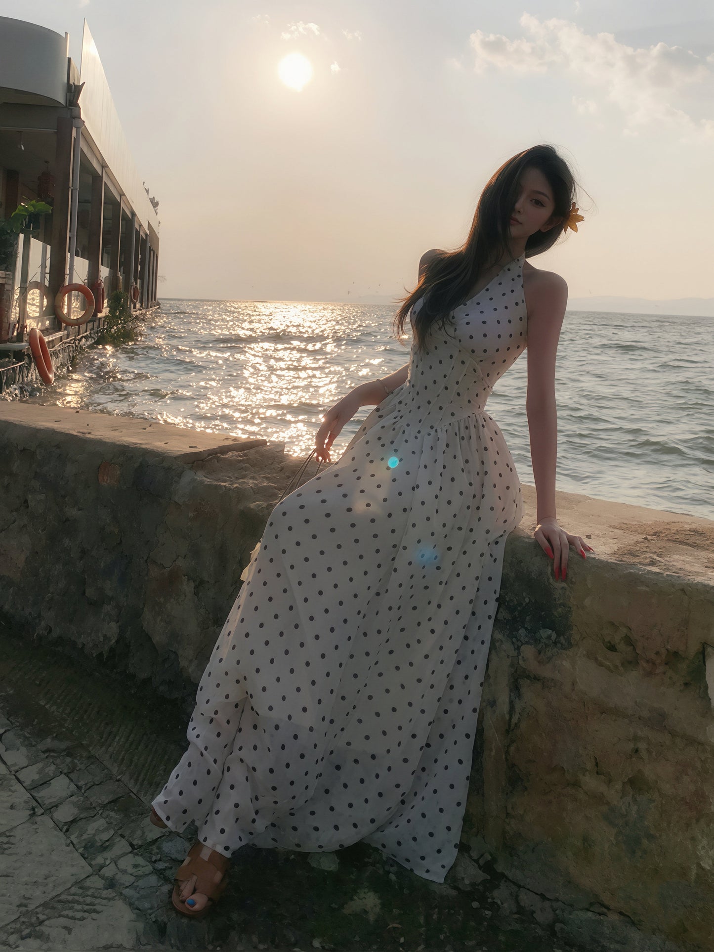 【dress】ドット柄ホルターネックAラインワンピース Q8842