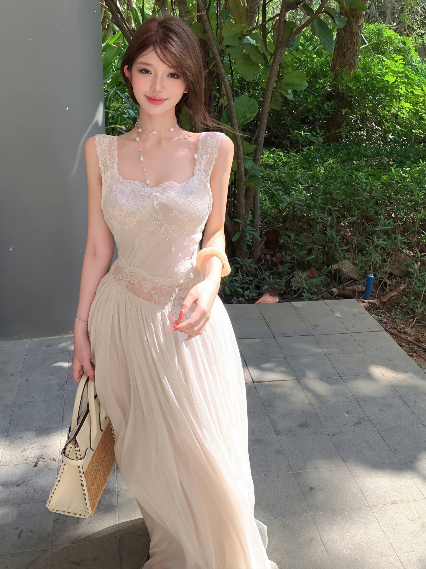 【dress】レースドッキングチュールロングワンピース Q8854