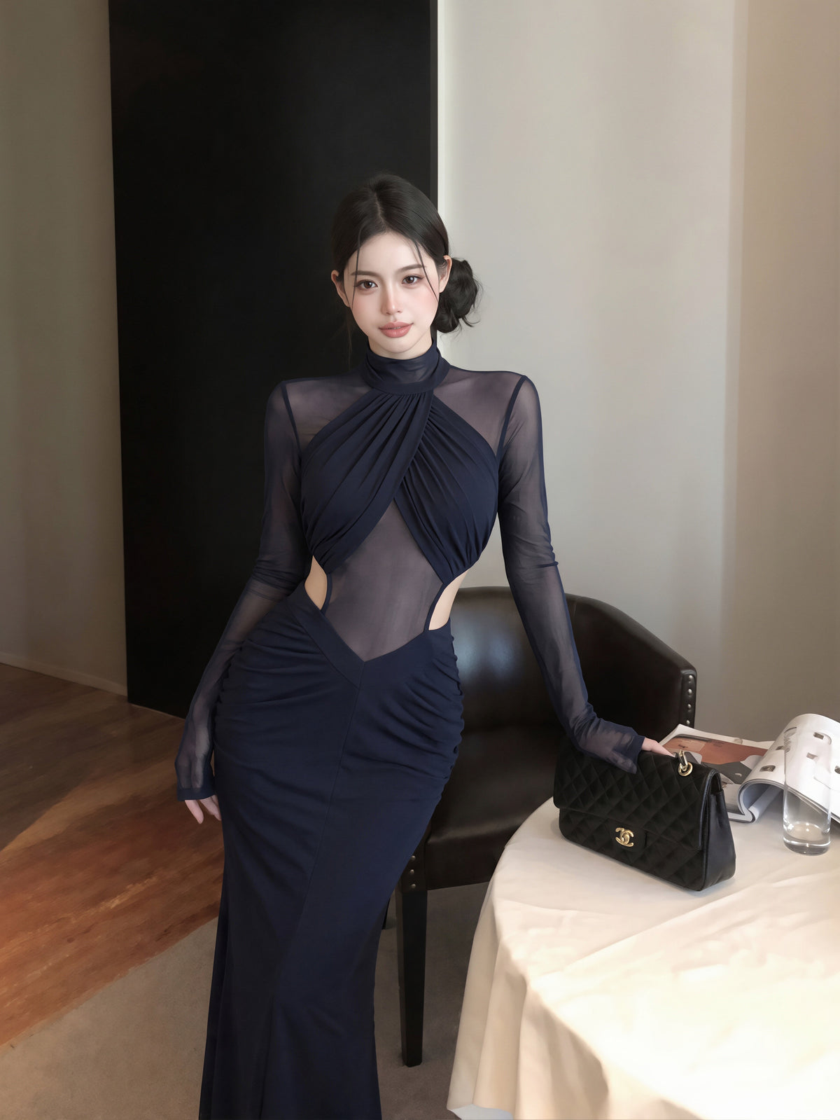 【dress】チュールドッキングウエストカットロングワンピース Q8831