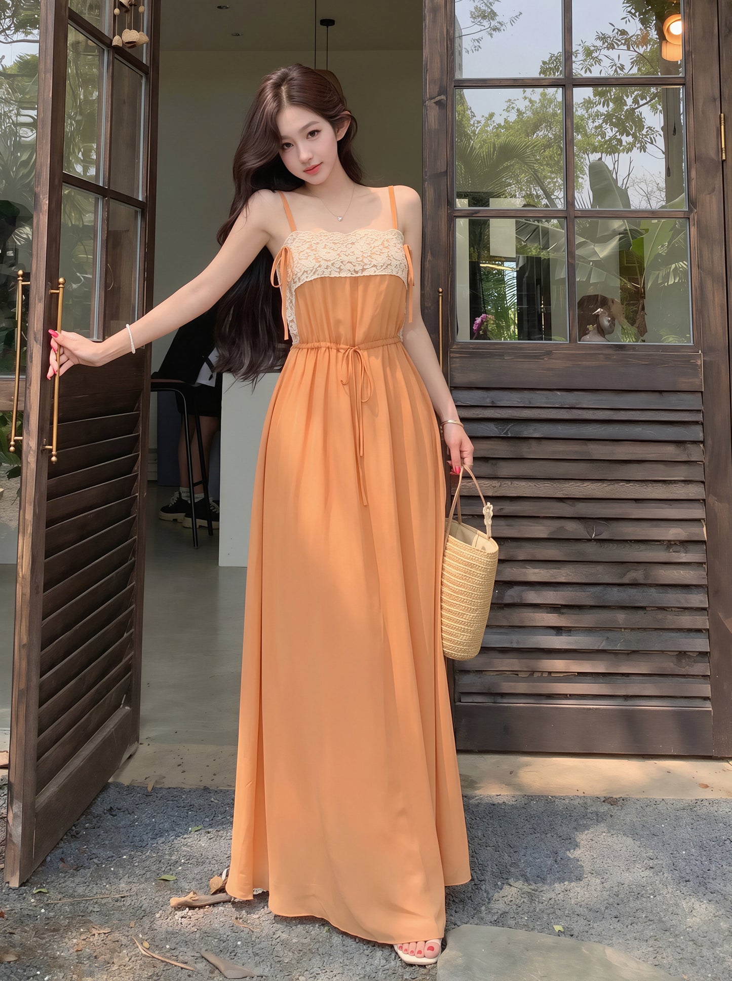 【dress】レースドッキングシフォンロングキャミワンピース Q8781