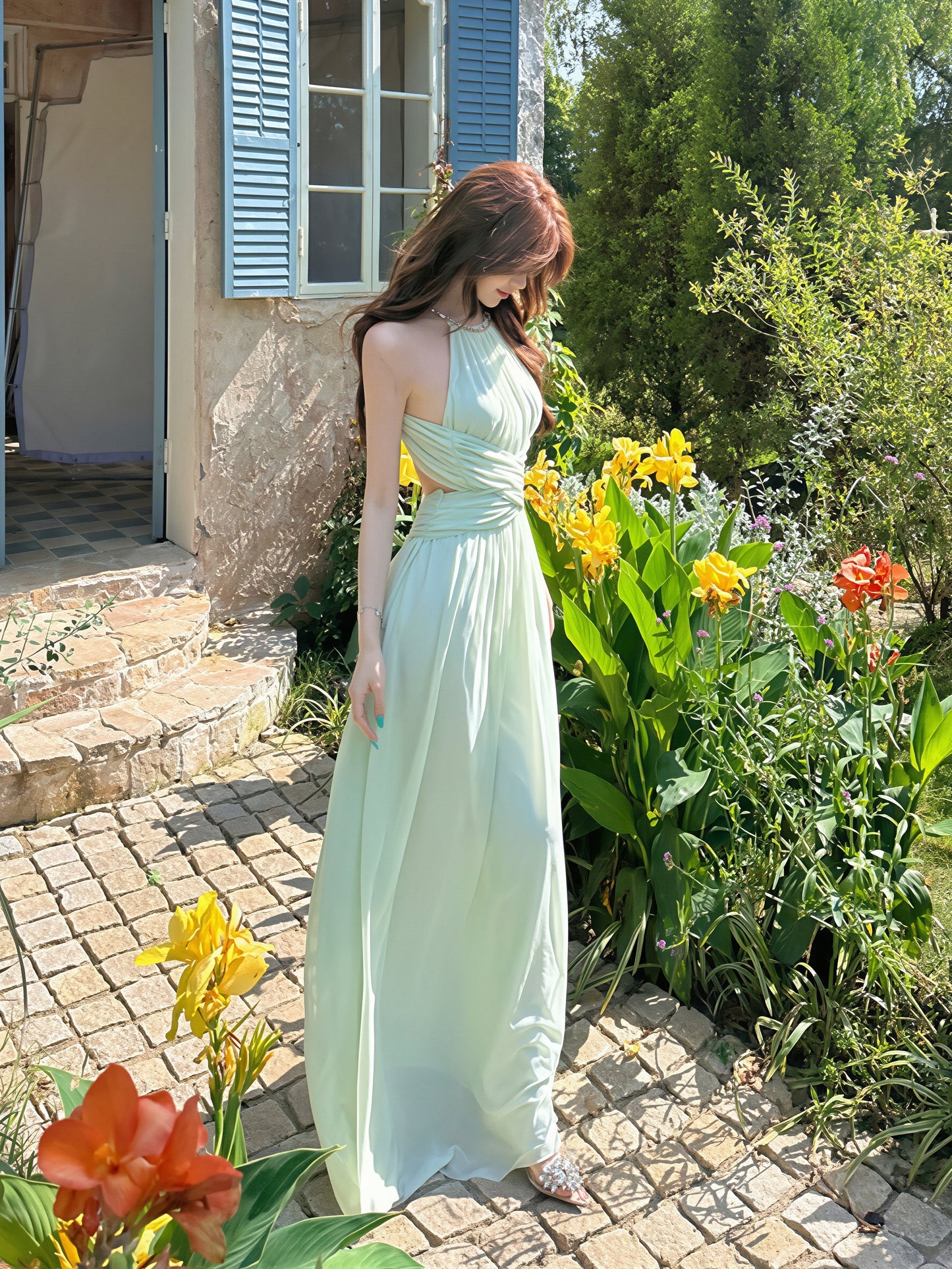 【dress】ノースリーブバックオーポンロングワンピース Q8865