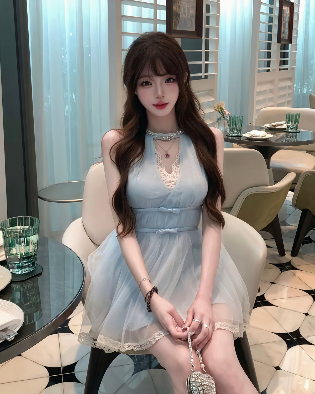 【dress】ラインストーン付きレースドッキングワンピース Q8935