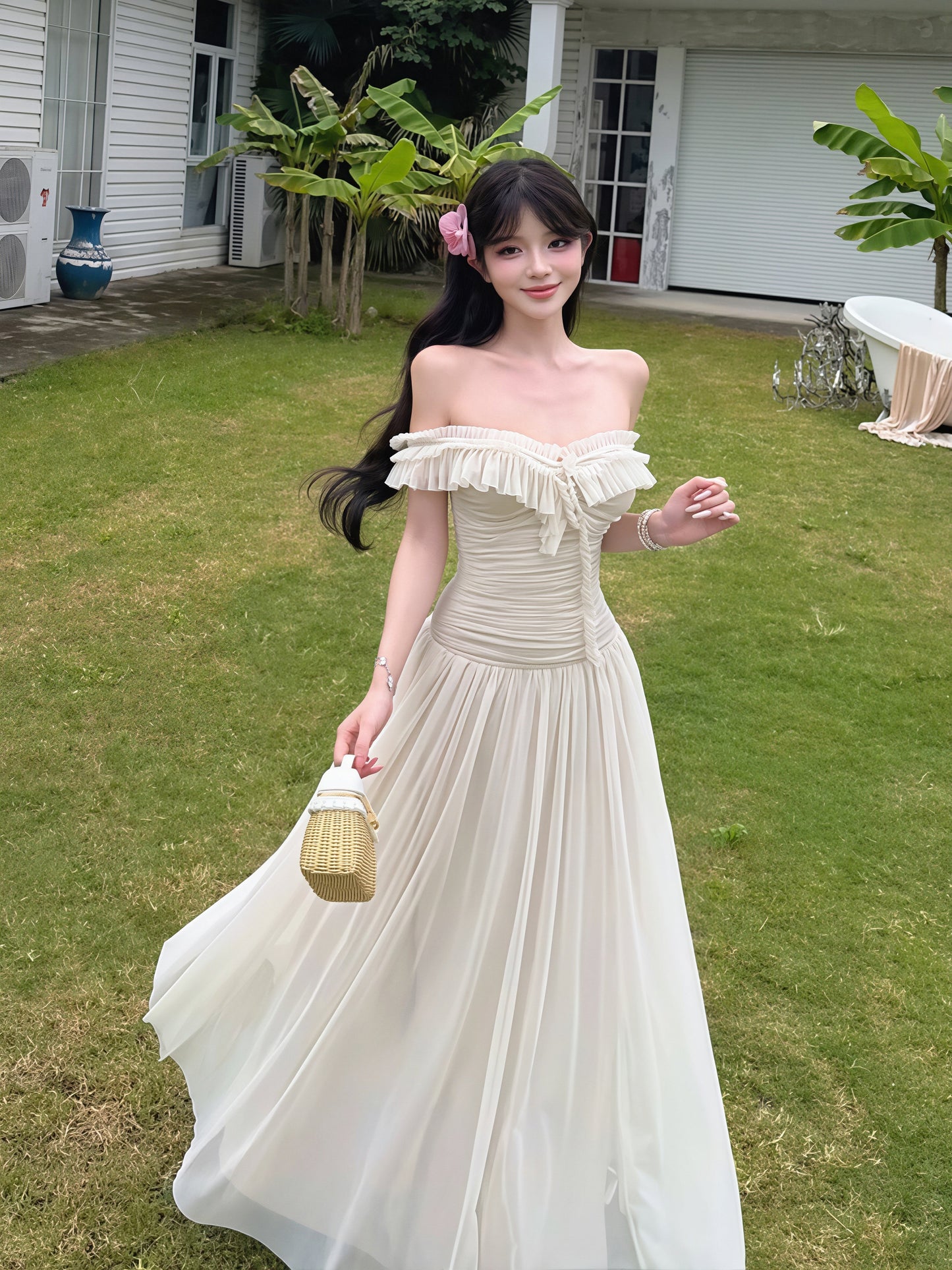 【dress】オフショルダーシアーチュールロングワンピース Q8850