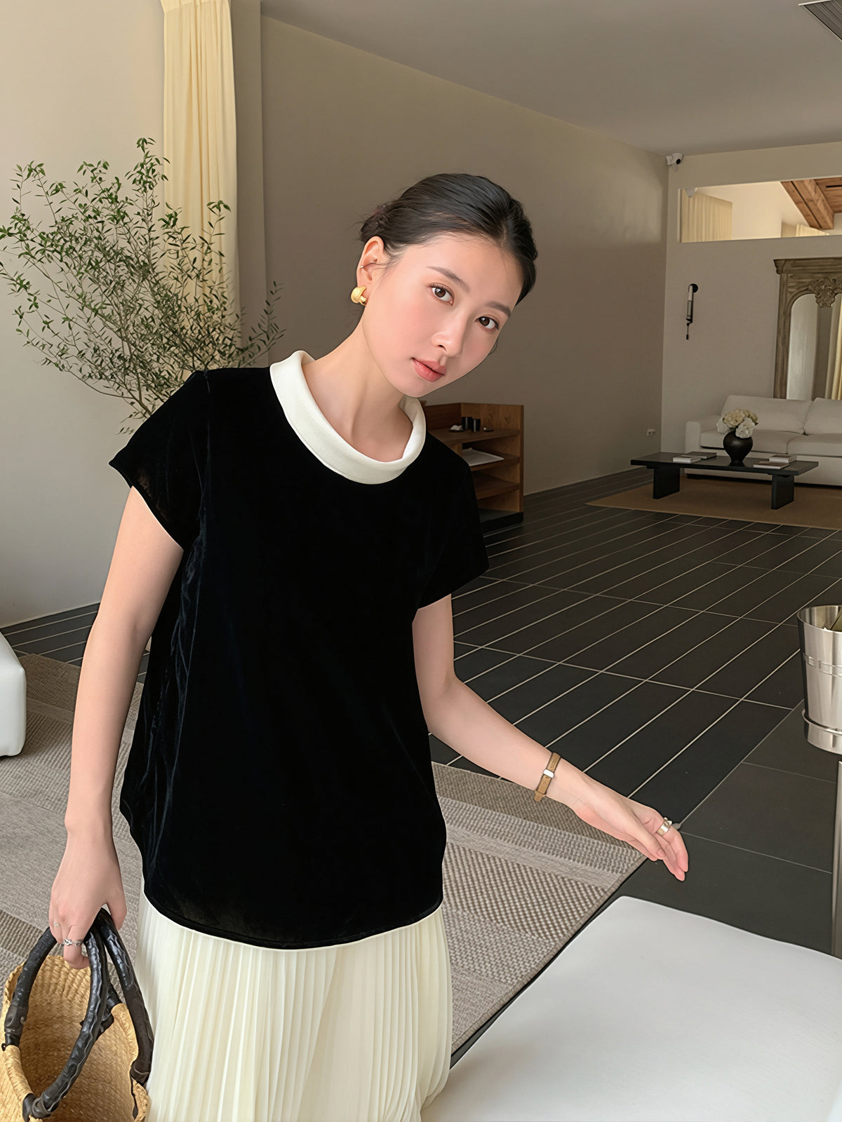 【tops】ベルベット半袖配色トップス Q8752