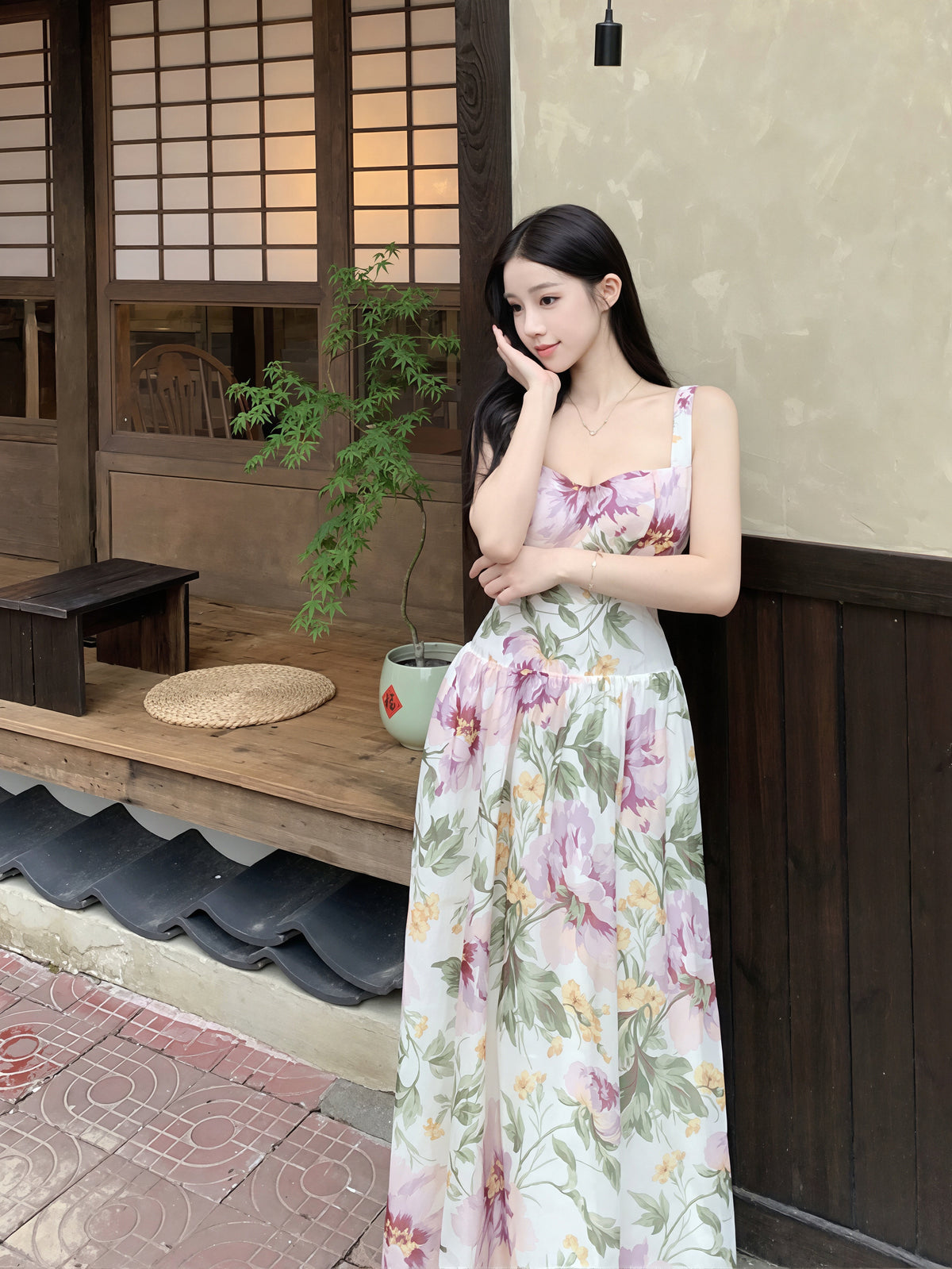 【dress】フラワー柄ロングキャミワンピース Q8719