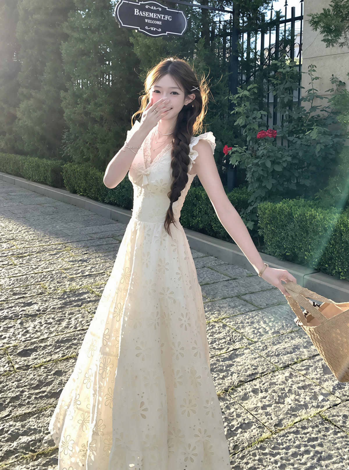 【dress】フラッタースリーブロングレースワンピース Q8819