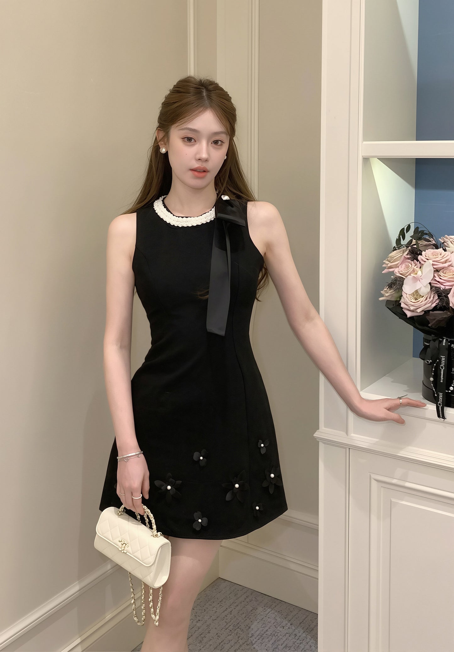 【dress】パール付きノースリーブワンピース Q8818