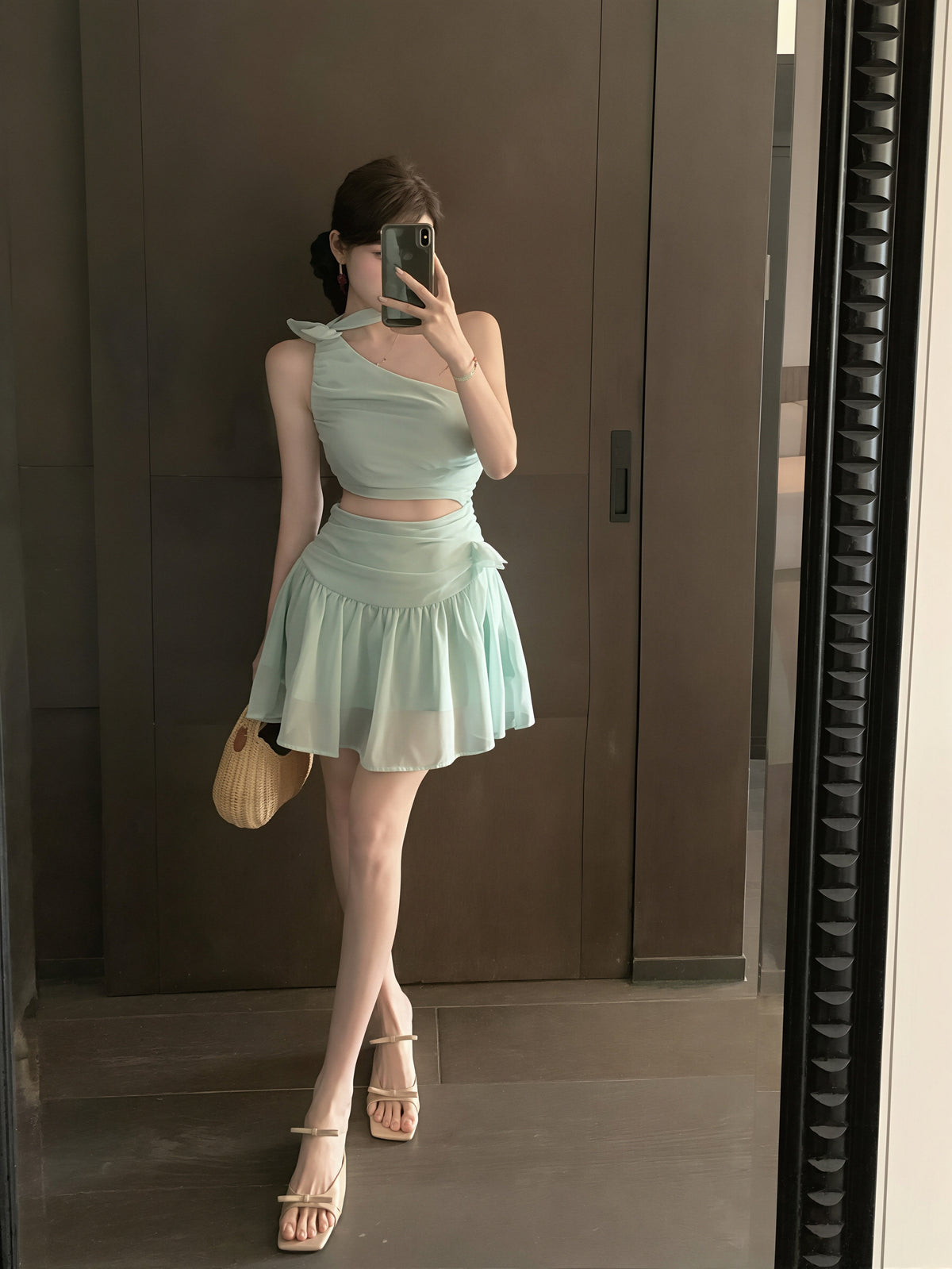 【dress】ワンショルダー腰カットシフォンワンピース Q8718
