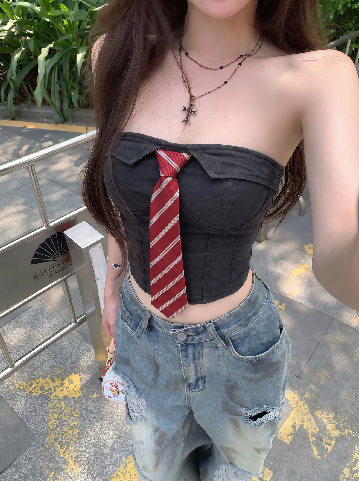 【tops】ネクタイ付きデニムチューブトップス Q8798