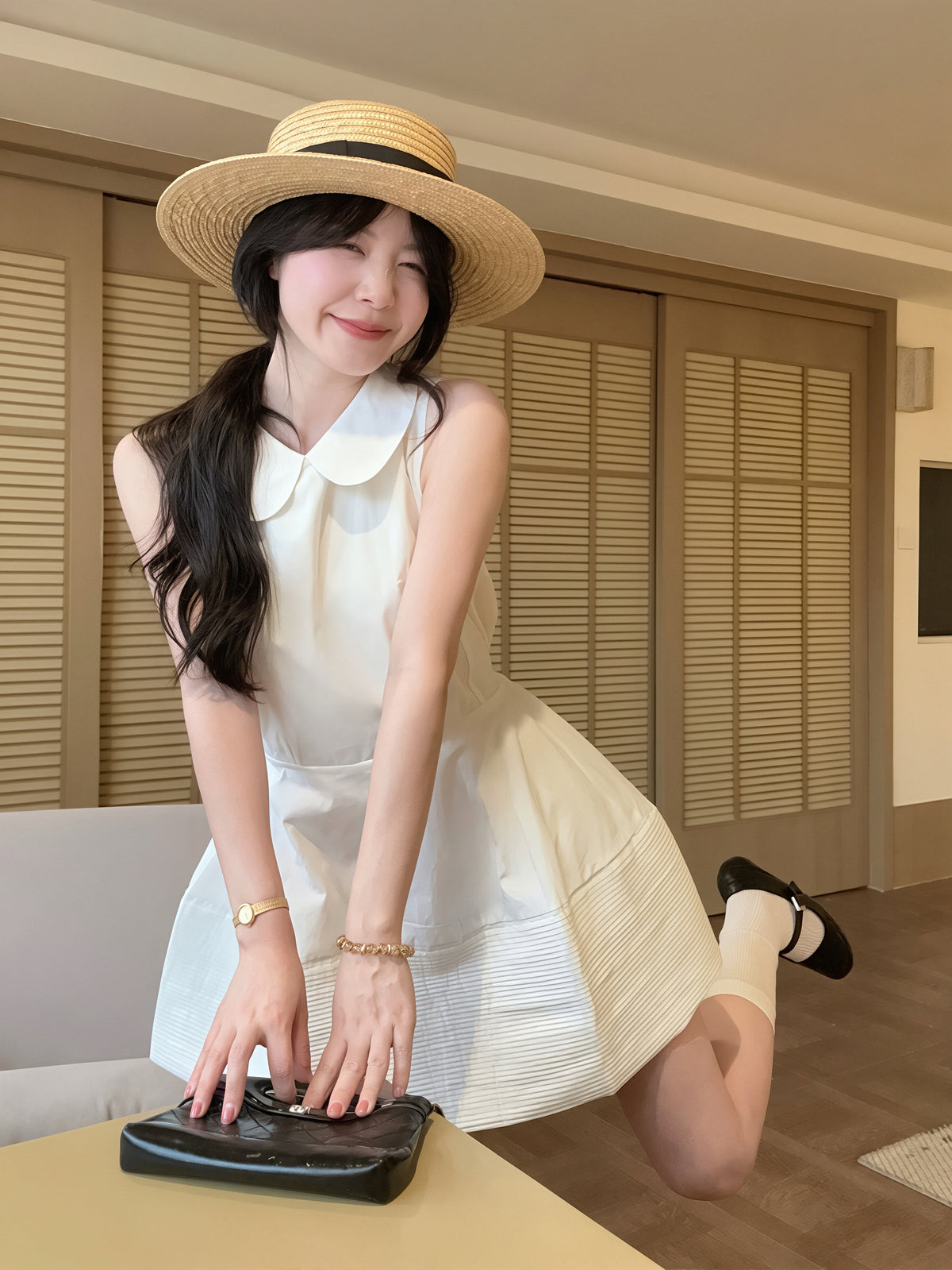 【dress】ピーターパンカラーノースリーブAラインワンピース Q8828