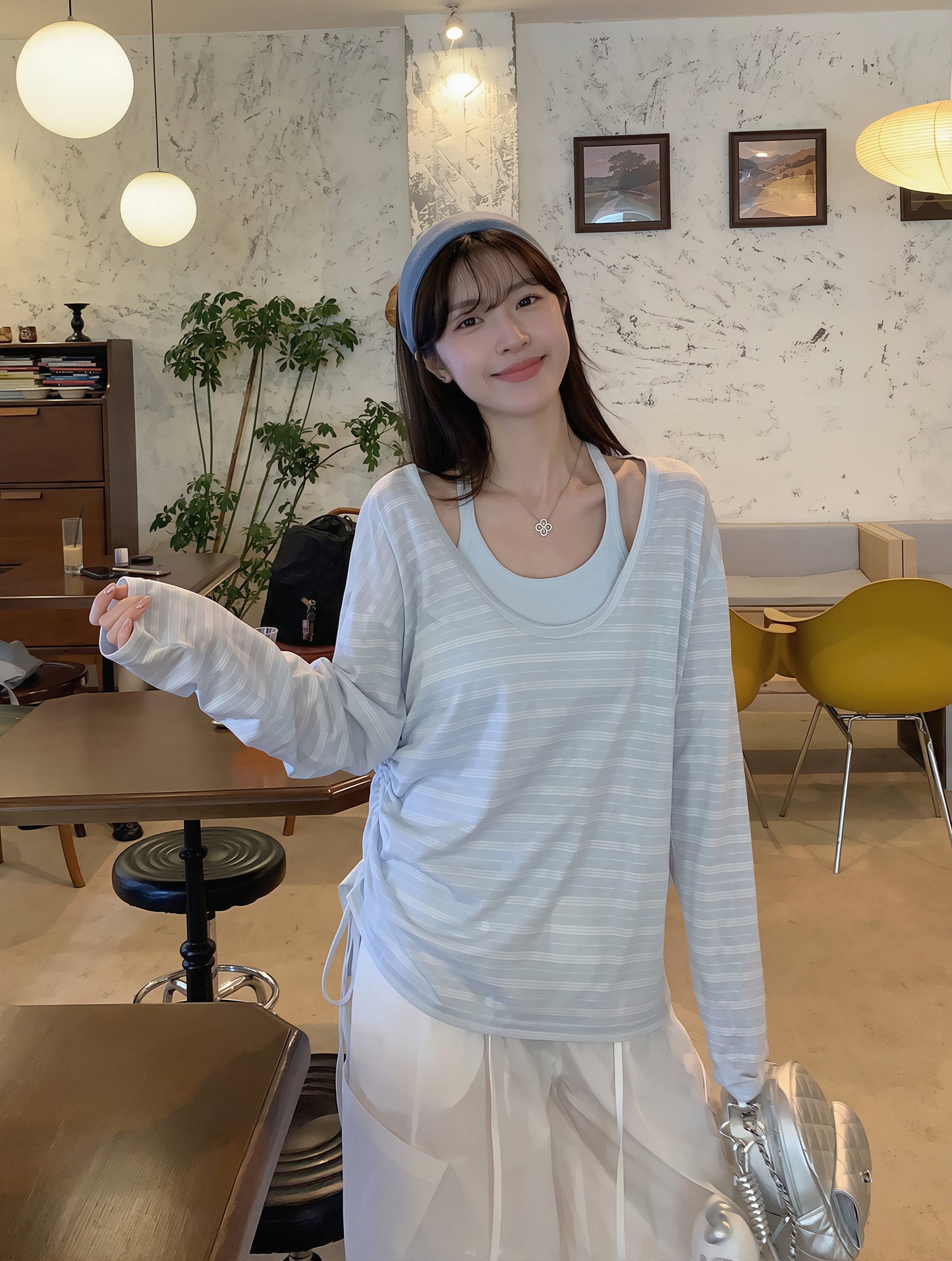 【set】ボーダー柄トップス×キャミソールセット Q8862