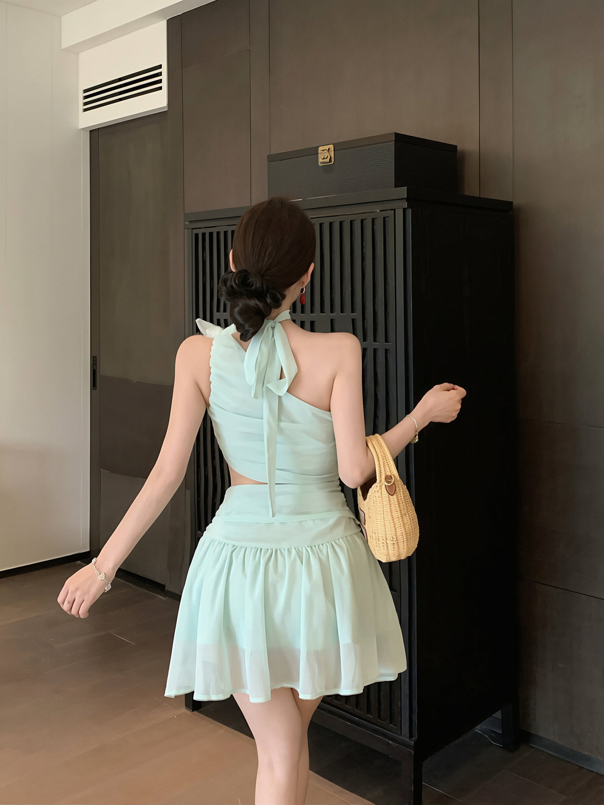 【dress】ワンショルダー腰カットシフォンワンピース Q8718