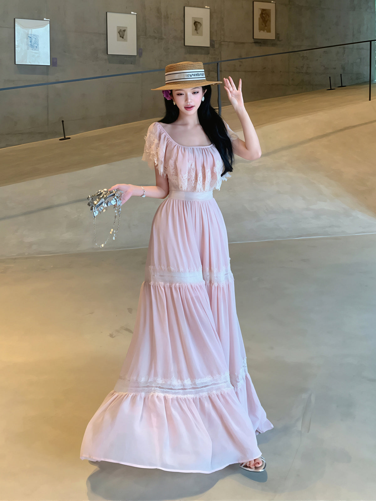 【dress】レースドッキングロングワンピース Q8717