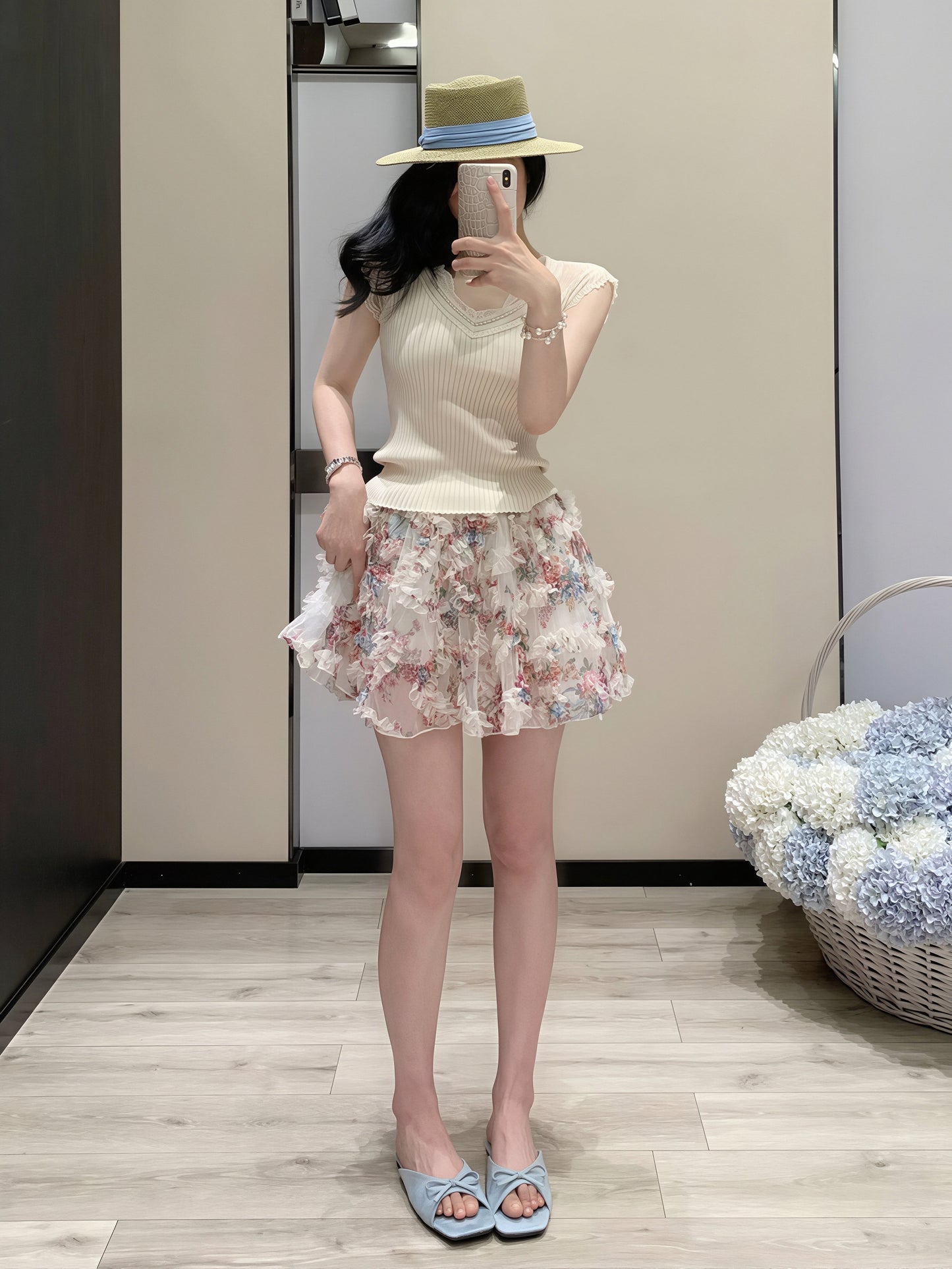 【set】レースドッキングトップス×フラワー柄スカートセット Q8816