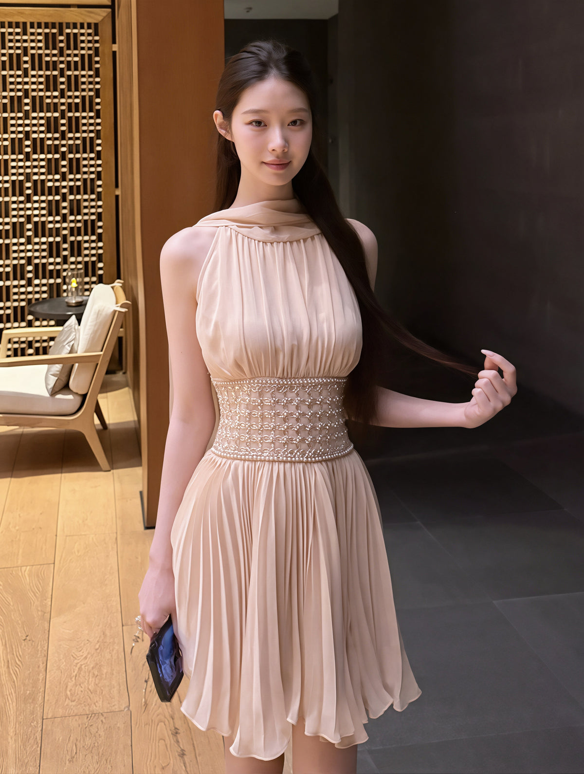 【dress】 ラインストーン付きスカーフネックワンピース Q8885