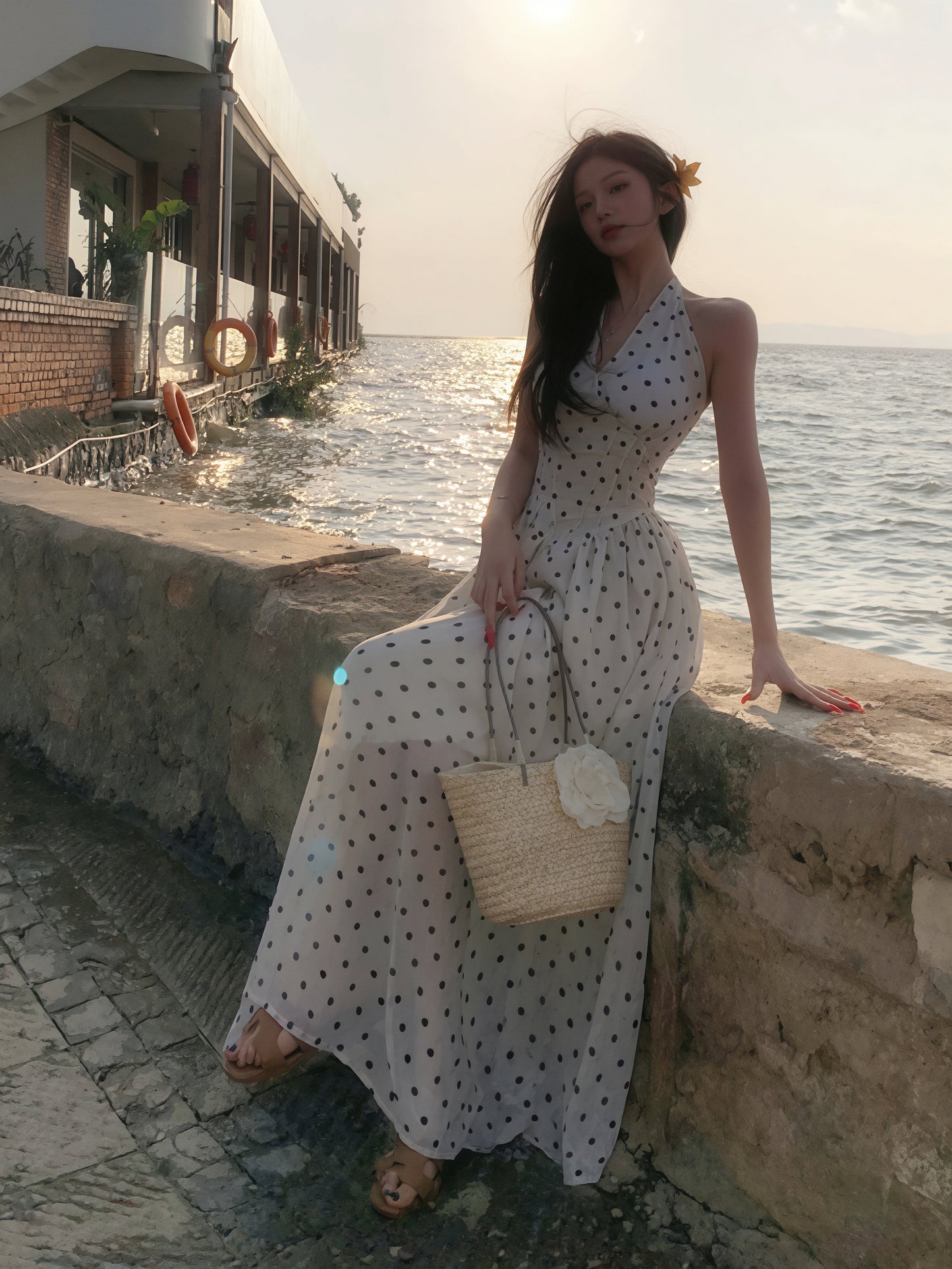【dress】ドット柄ホルターネックAラインワンピース Q8842