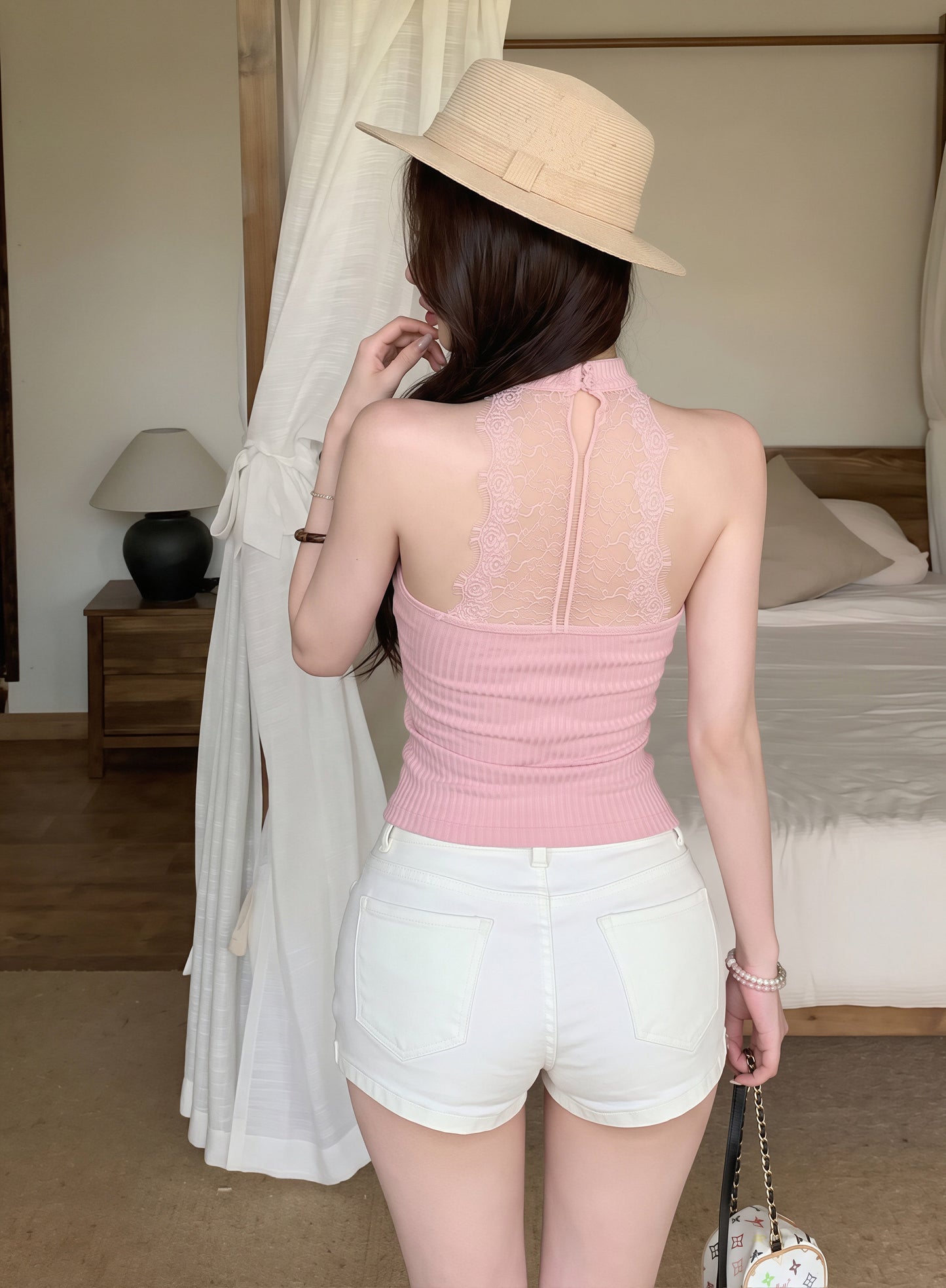 【tops】レースドッキングノースリーブニットトップス Q8796