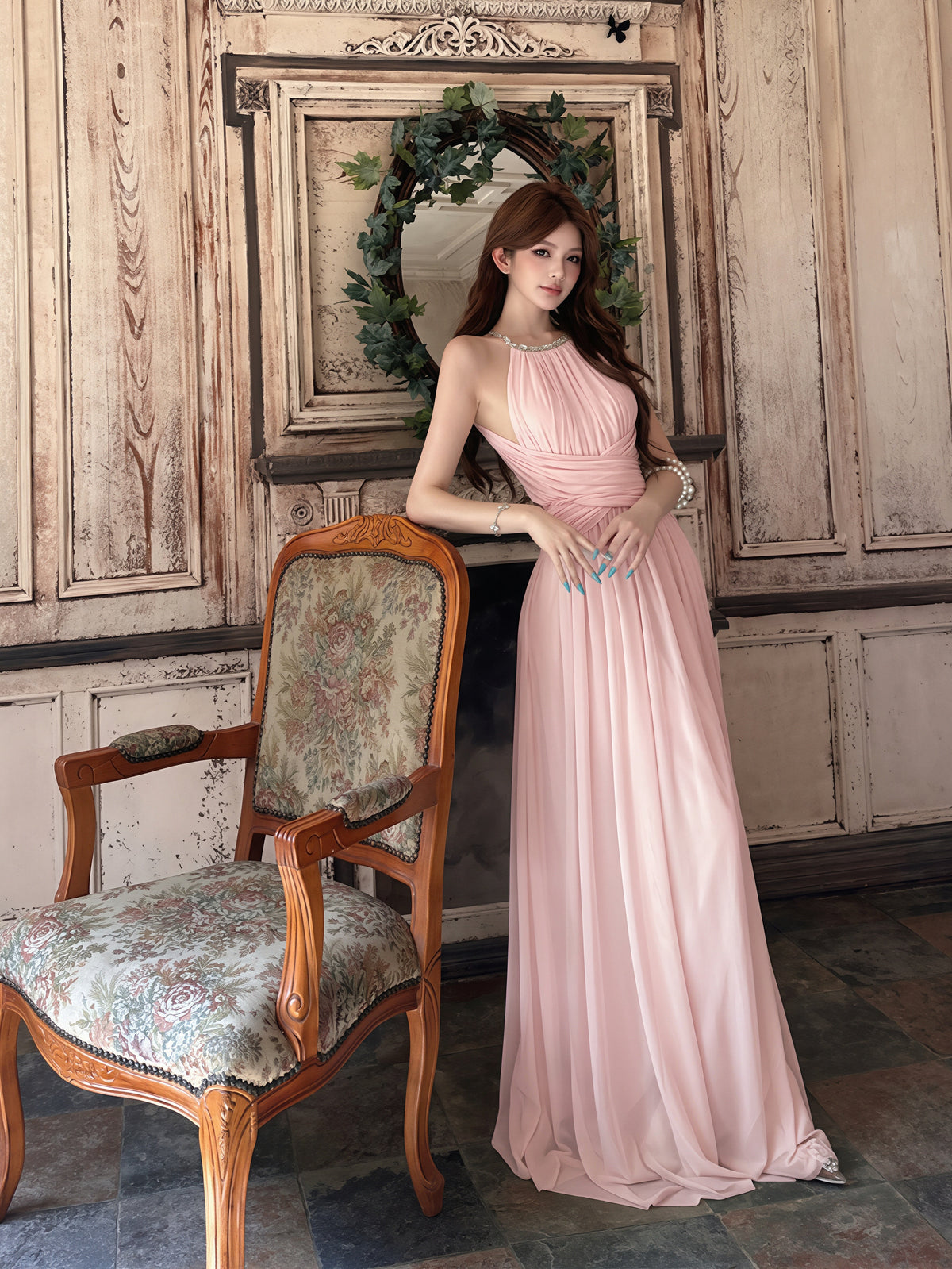 【dress】ノースリーブバックオーポンロングワンピース Q8865