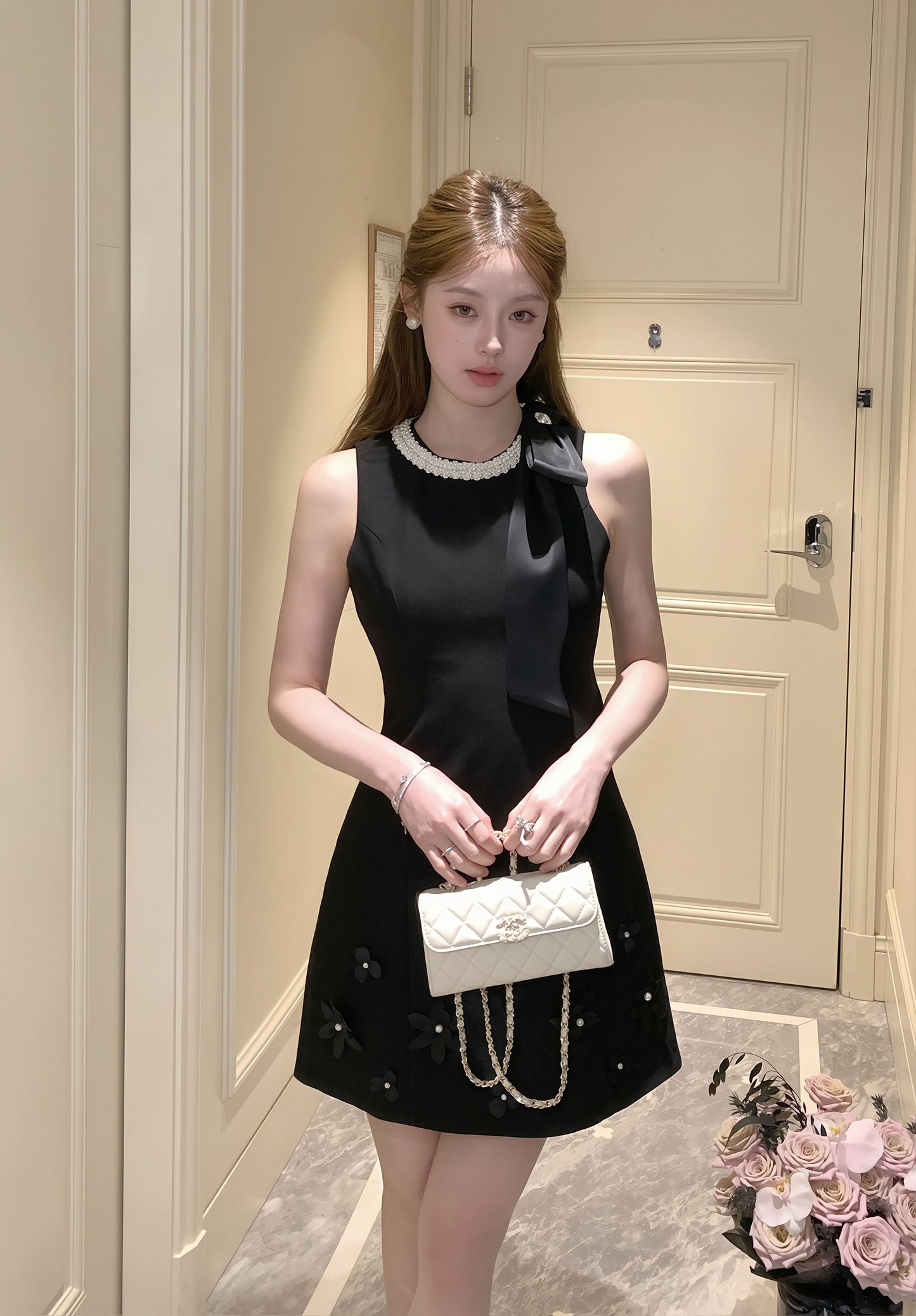 【dress】パール付きノースリーブワンピース Q8818