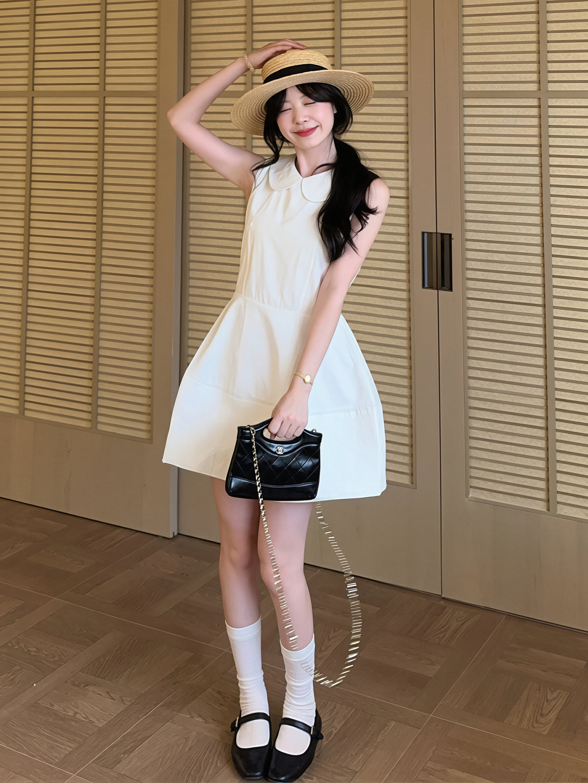 【dress】ピーターパンカラーノースリーブAラインワンピース Q8828
